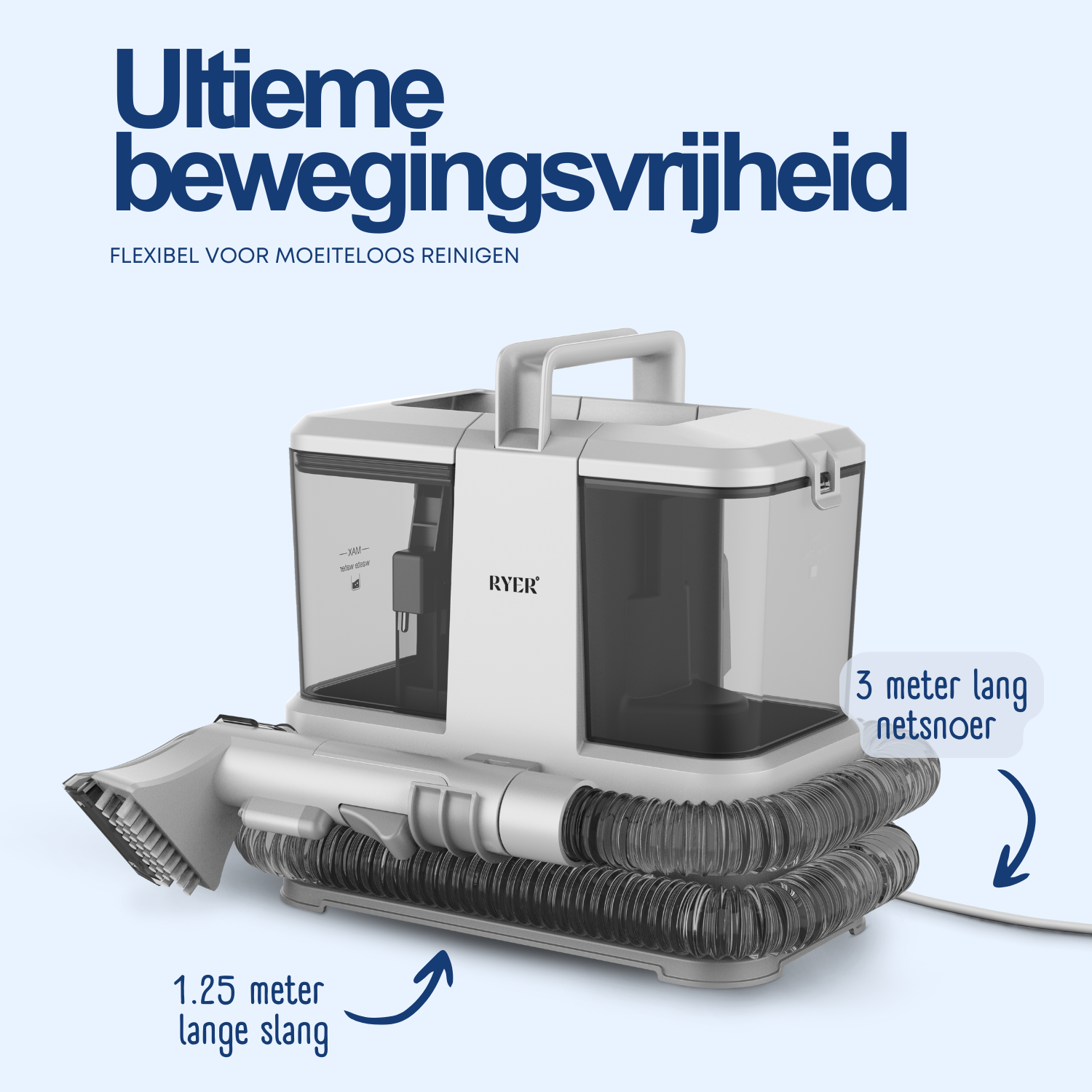 A white vacuum cleaner with a handle, and a long hose, next to text in Dutch.