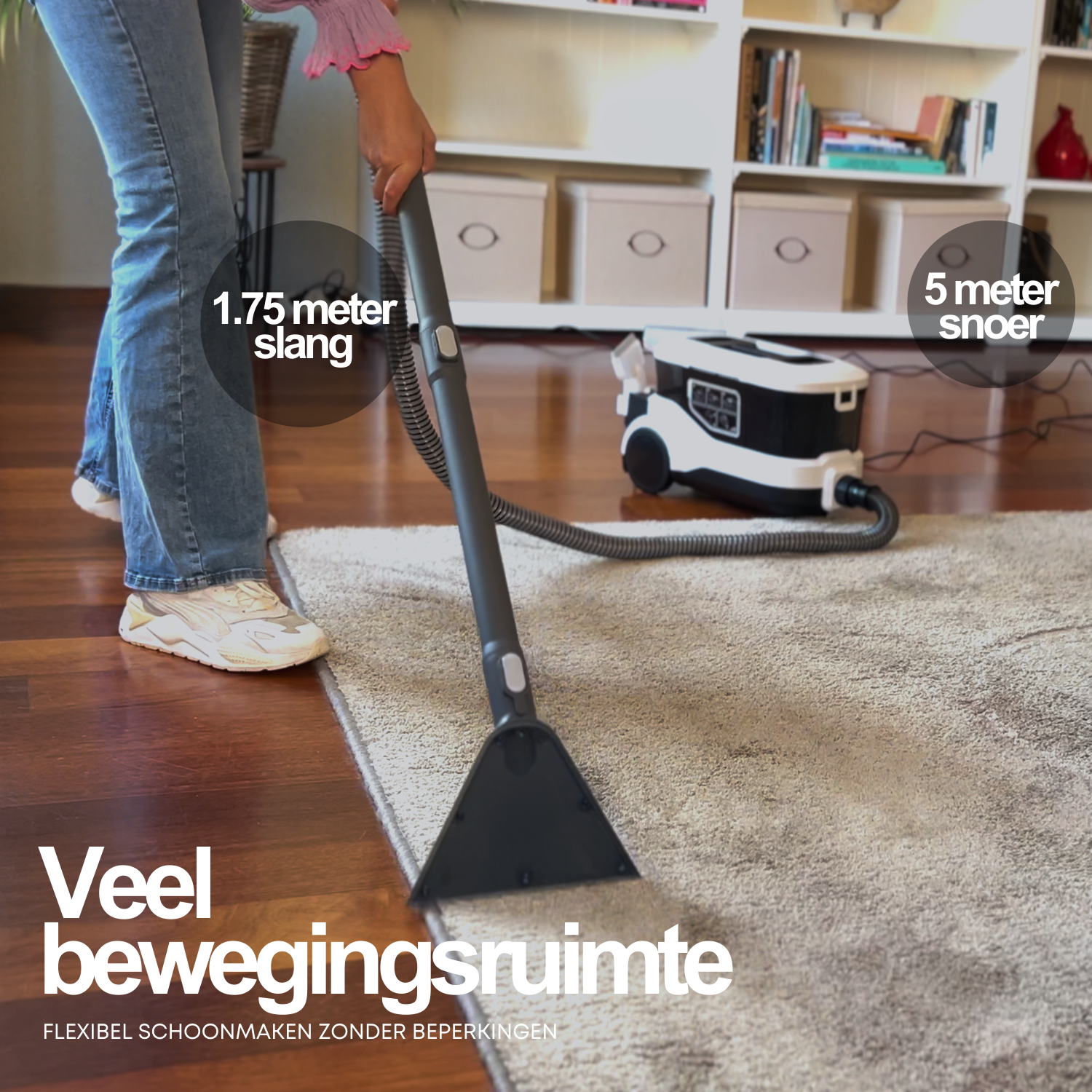 A woman uses a vacuum cleaner on a carpet. The vacuum has a hose and a cleaning head. Text is on the image.