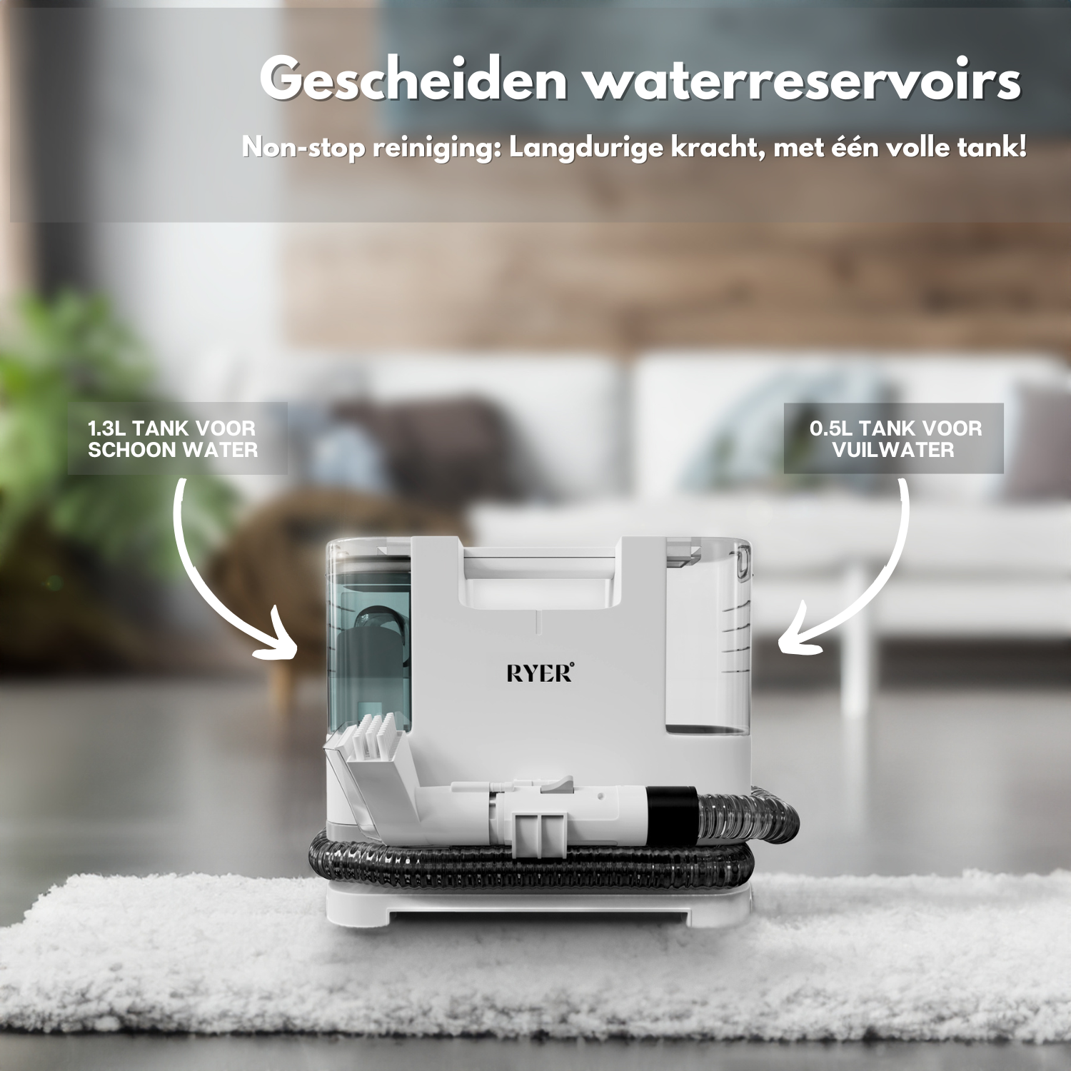 A white cleaning machine. Arrows point to a clean water and a dirty water tank.