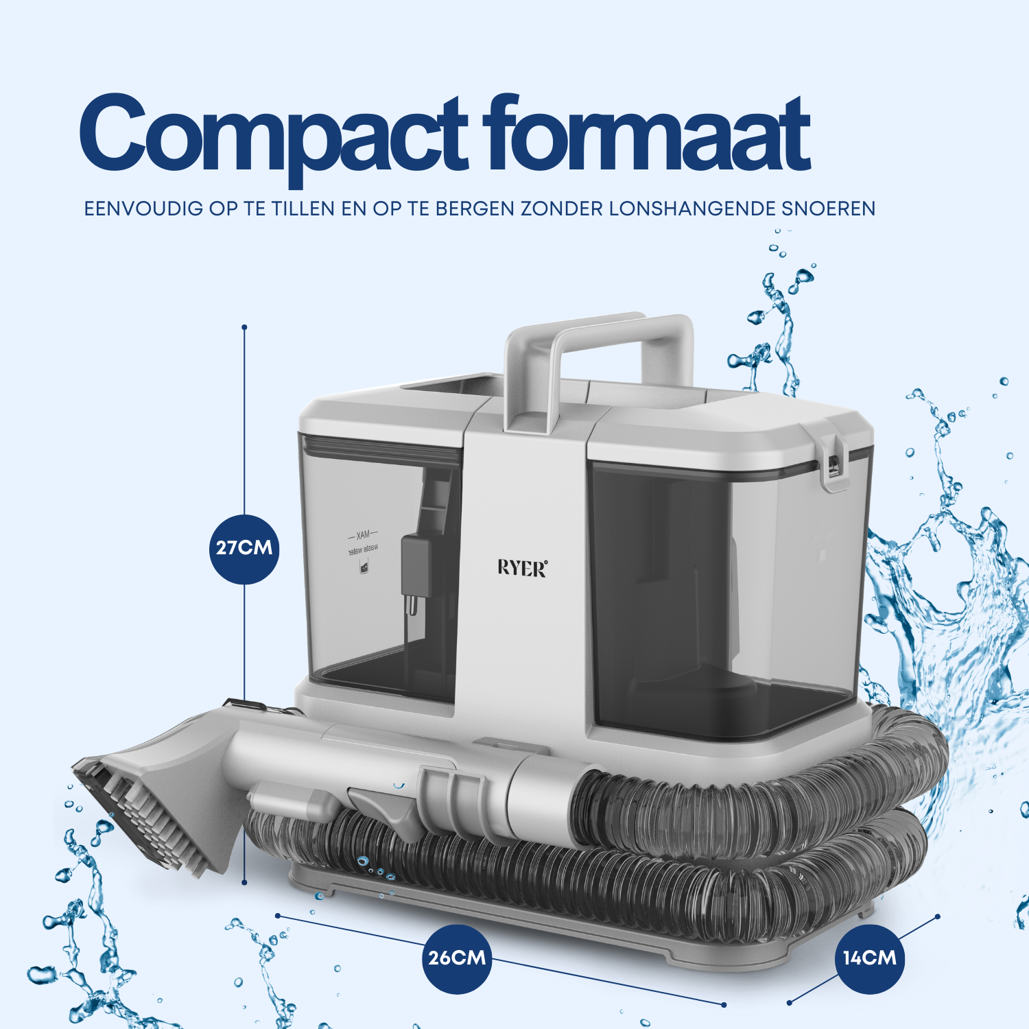A white cleaning machine with dimensions labeled: 27cm, 26cm, and 14cm.