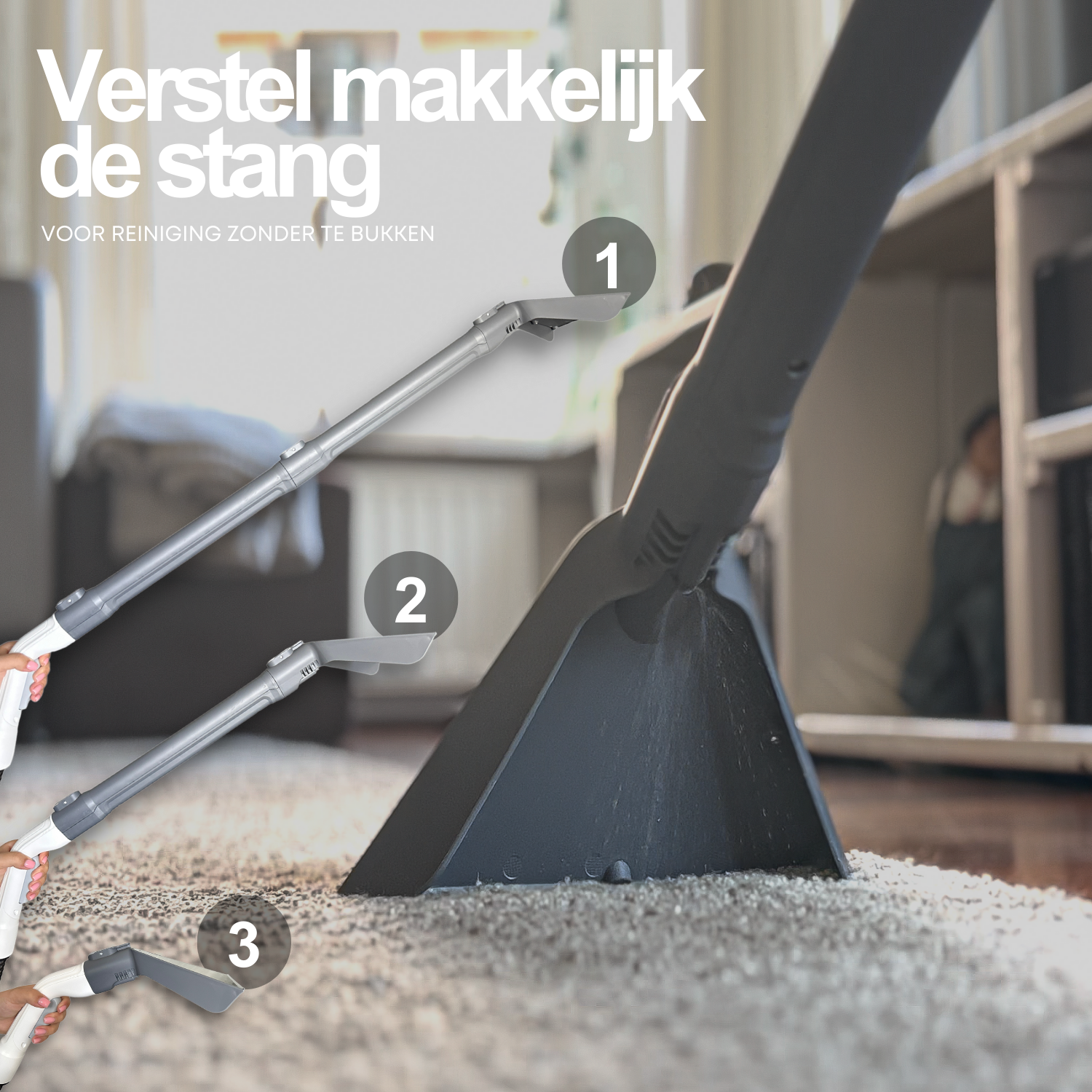 Vacuum cleaner with three interchangeable heads. Text: adjust the stem easily for cleaning without bending.