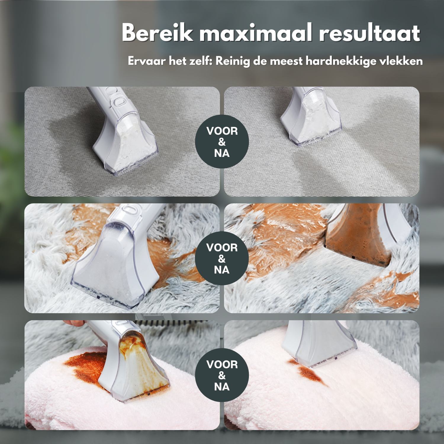 Images show a cleaning device removing stains from different fabrics. Before and after shots are shown.