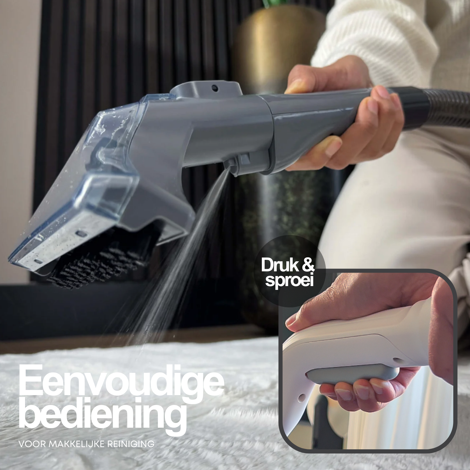 A cleaning tool is shown in use on a carpet. The tool has a spraying function.