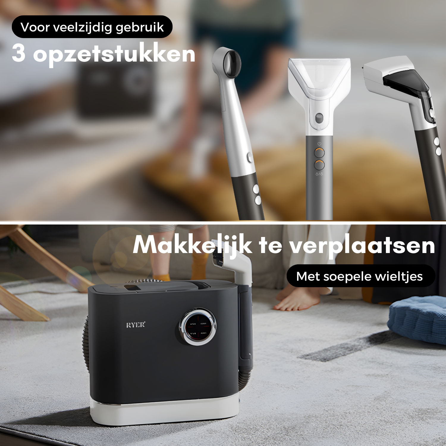 A black vacuum cleaner with different attachments. They are for different cleaning tasks. Text is present.