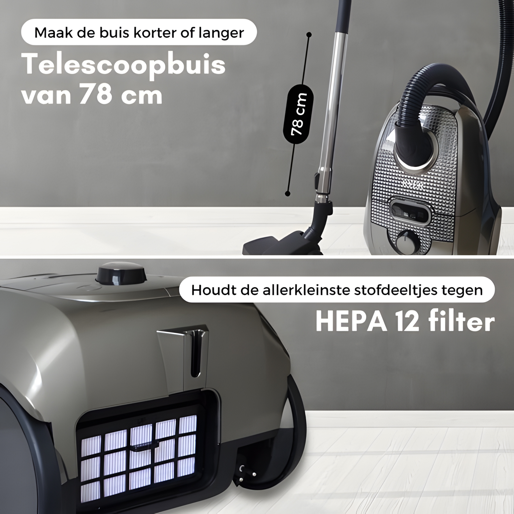 Stofzuiger met een HEPA-filter, met verstelbare buis en de filterdetails.