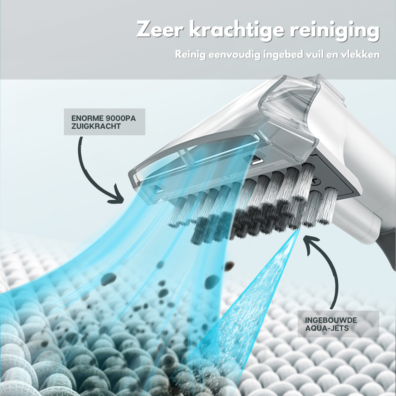 Cleaning tool with a blue water spray. The text on the image says 'Zzer krachtige reiniging'.