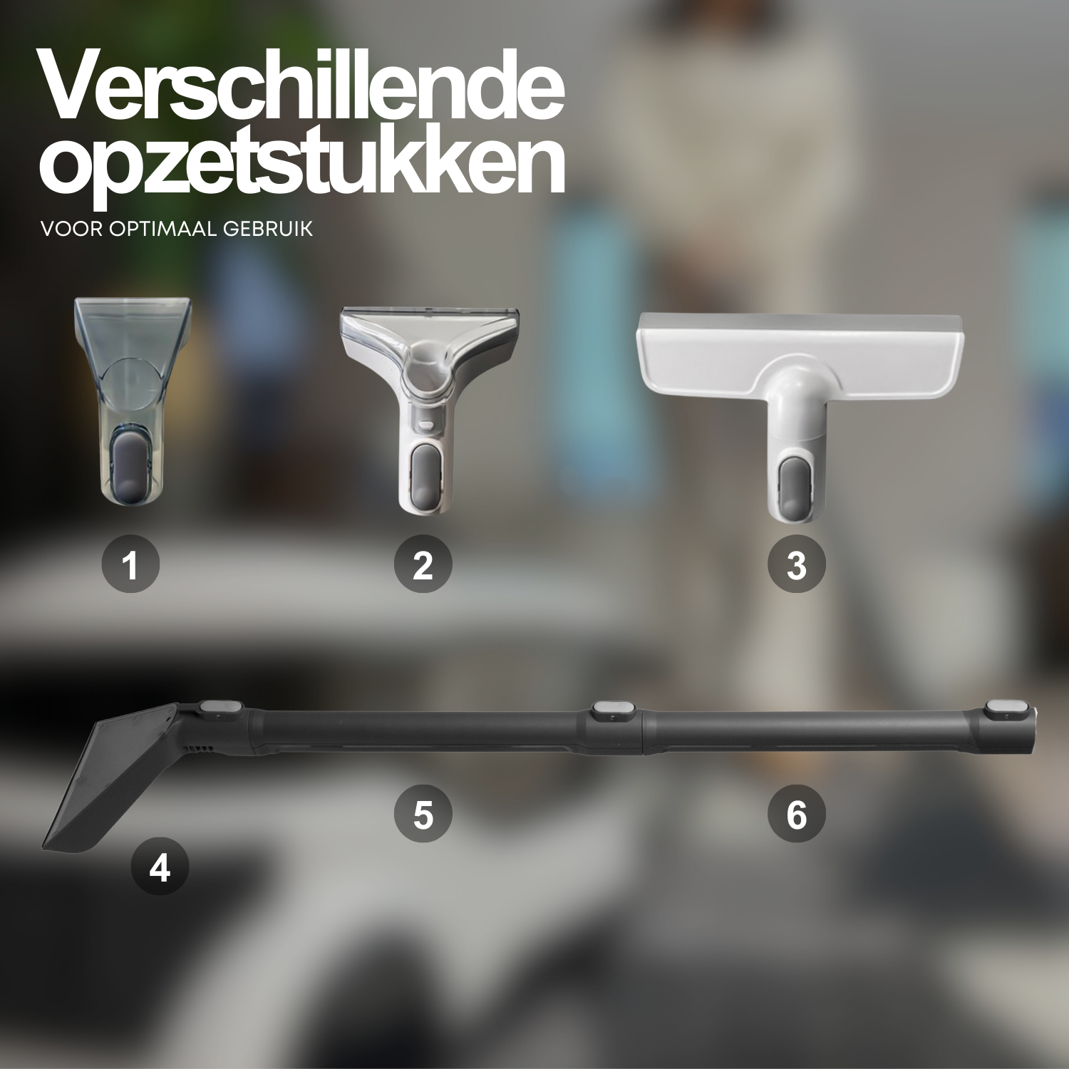 Image shows cleaning accessories for a carpet cleaner, numbered 1-6.