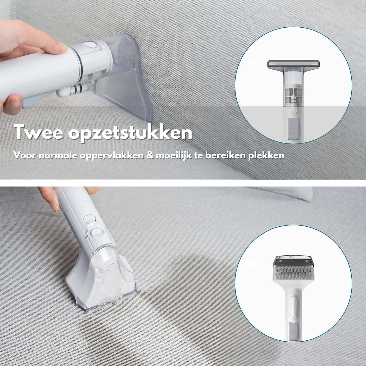 Two attachments for a carpet cleaner on gray fabric.