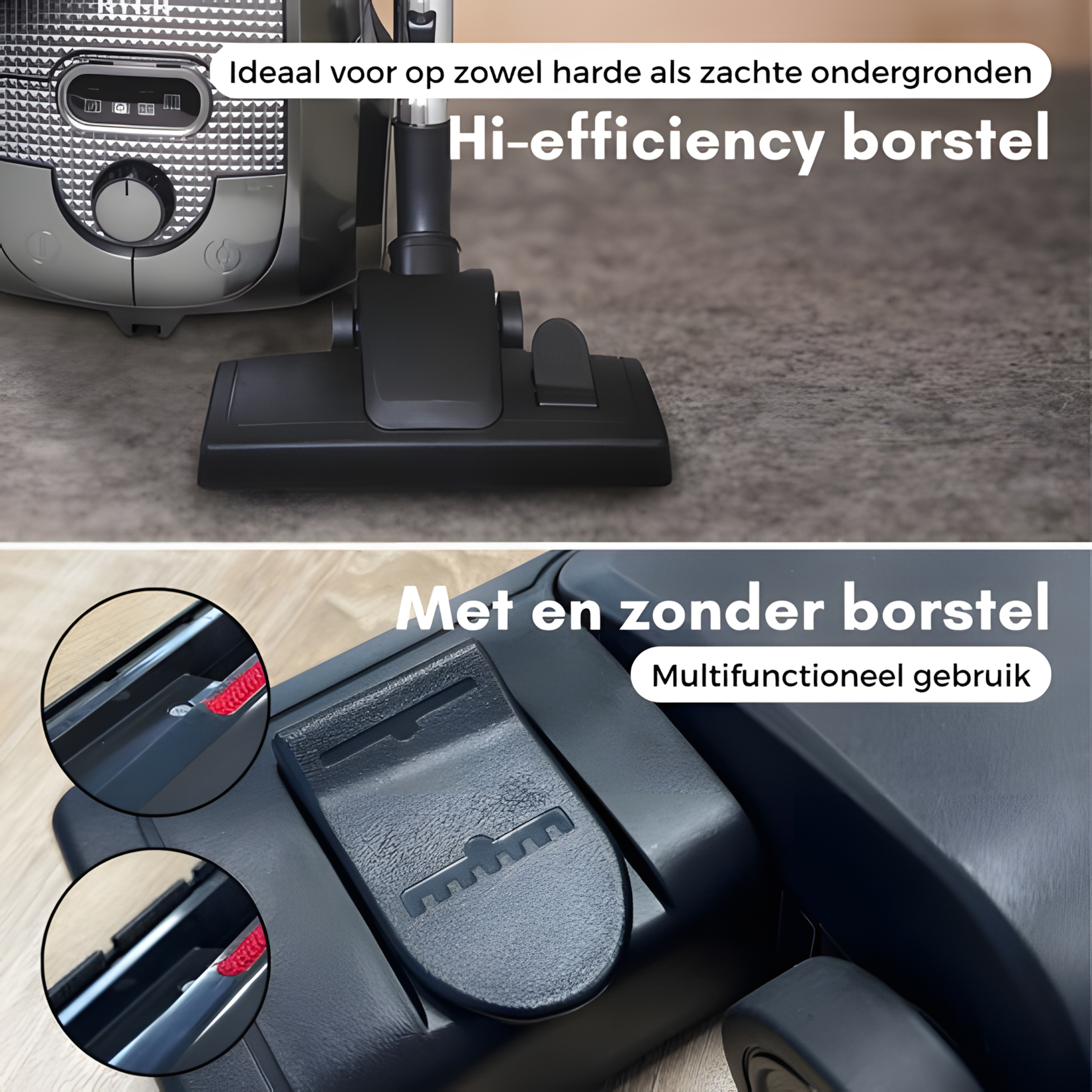 Stofzuiger met zwarte borstel. Close-up van de borstel, ontwerp. Details: multifunctioneel gebruik.