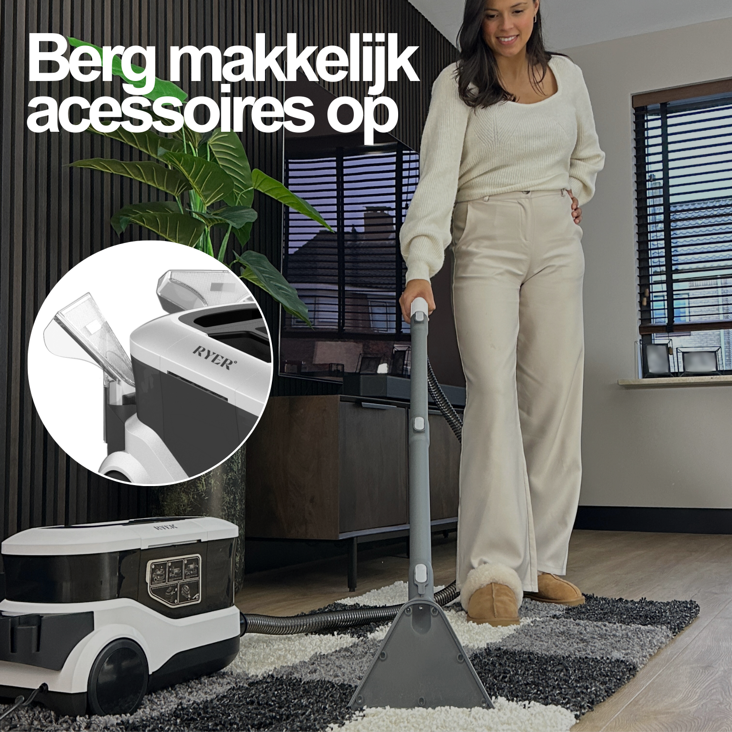 A woman stands with a steam cleaner. The text says 'Berg makkelijk accessoires op'.