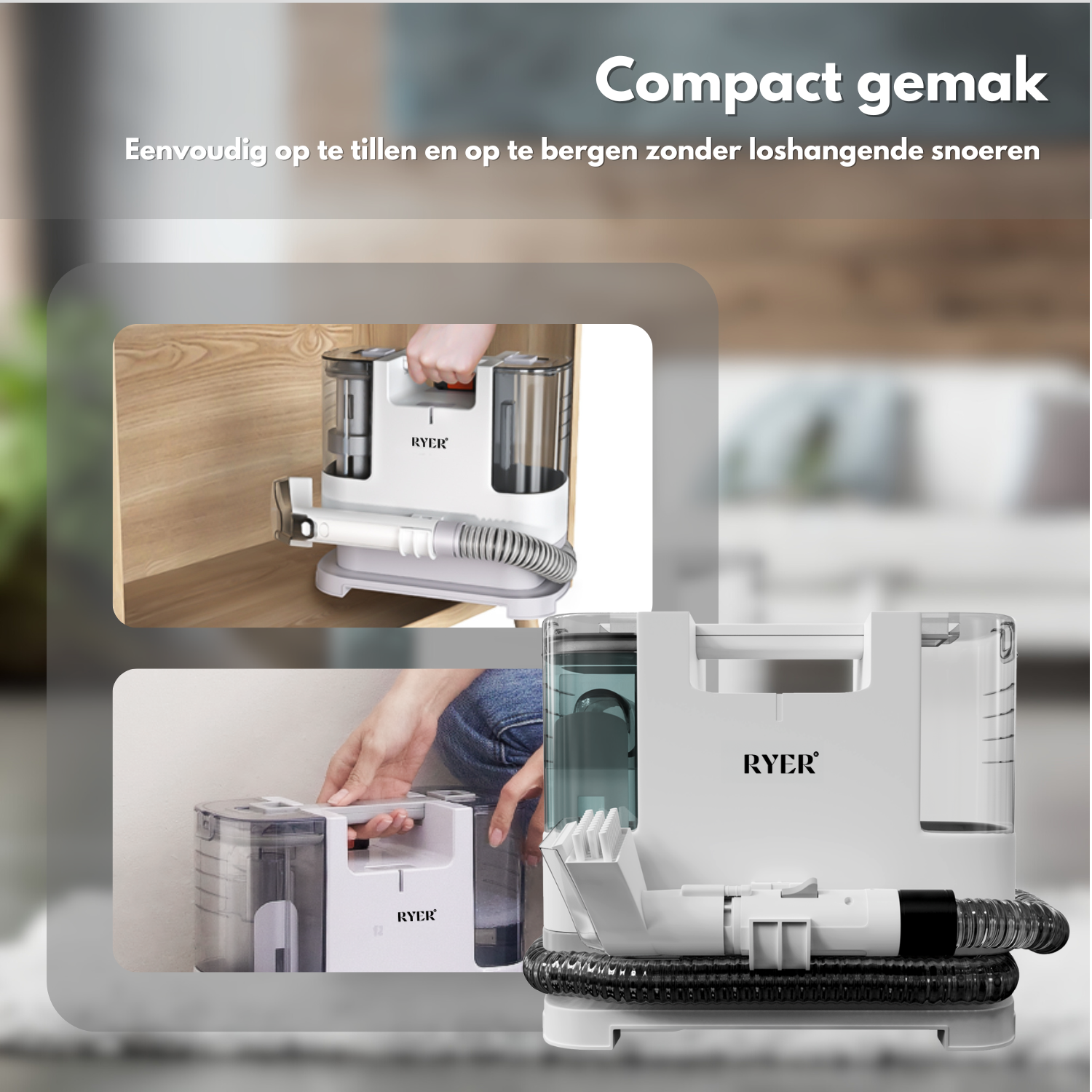 Portable cleaner being stored and used. 