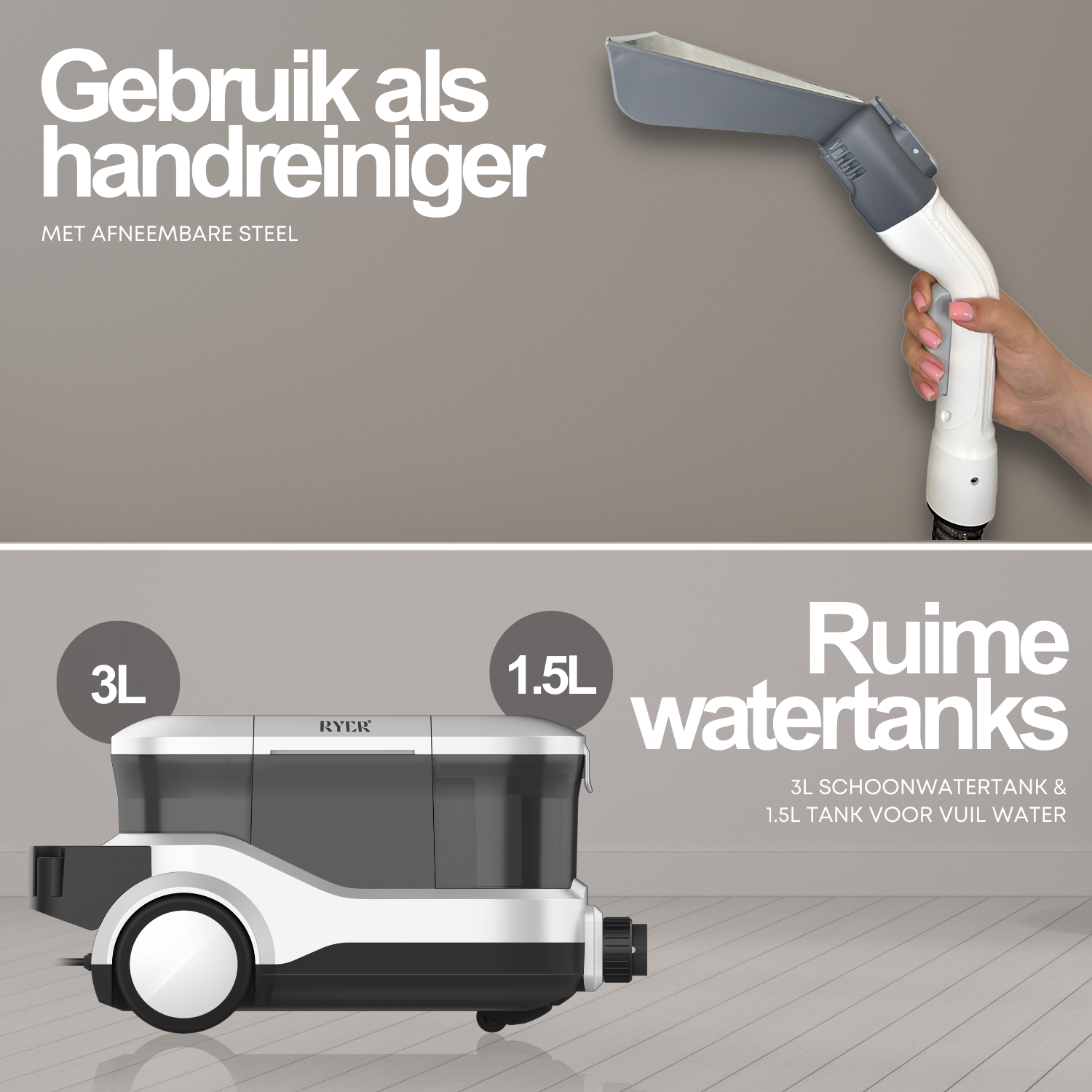 A cleaning device with a handle and a water tank. It is white and gray.