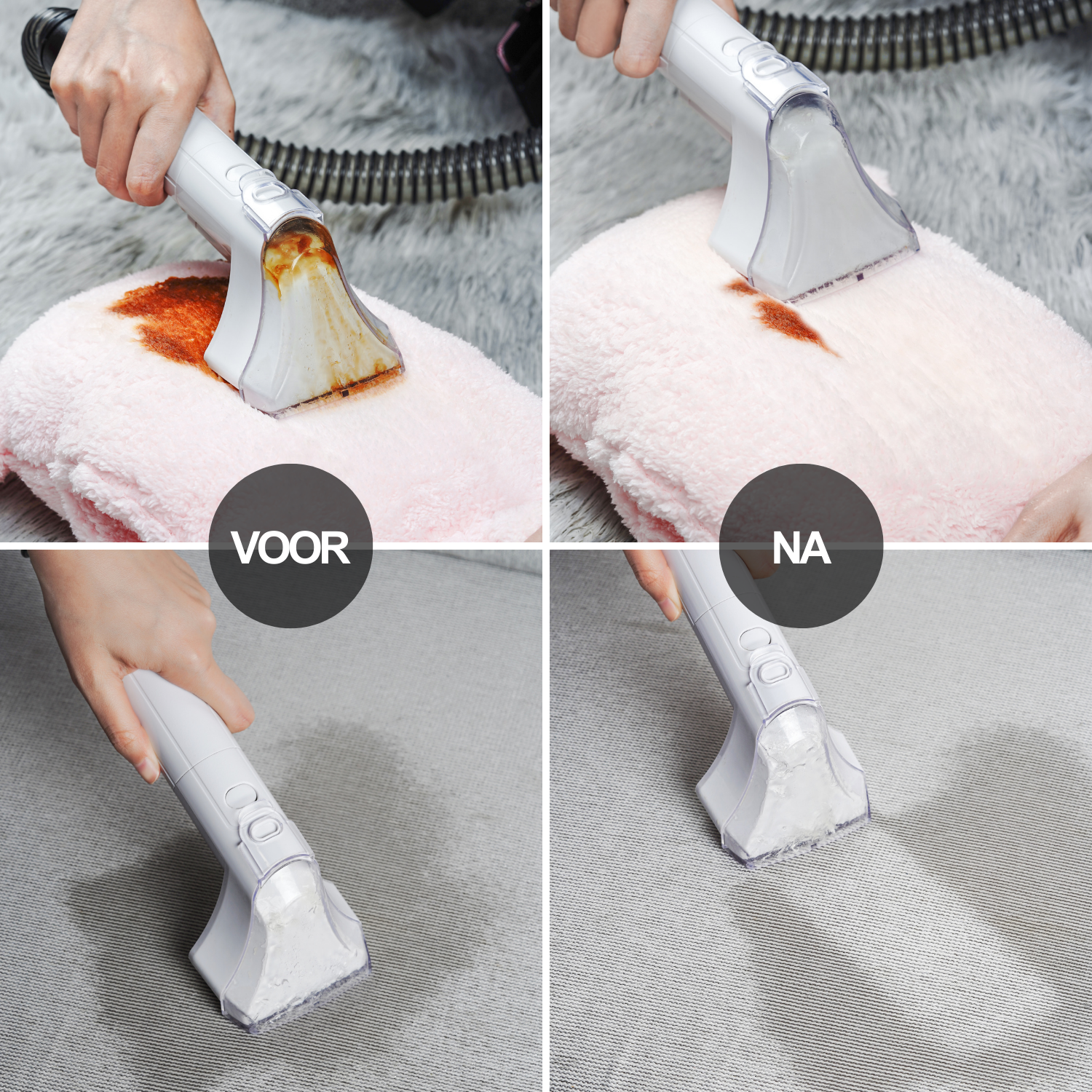Four images showing before and after cleaning a surface with a cleaning tool.