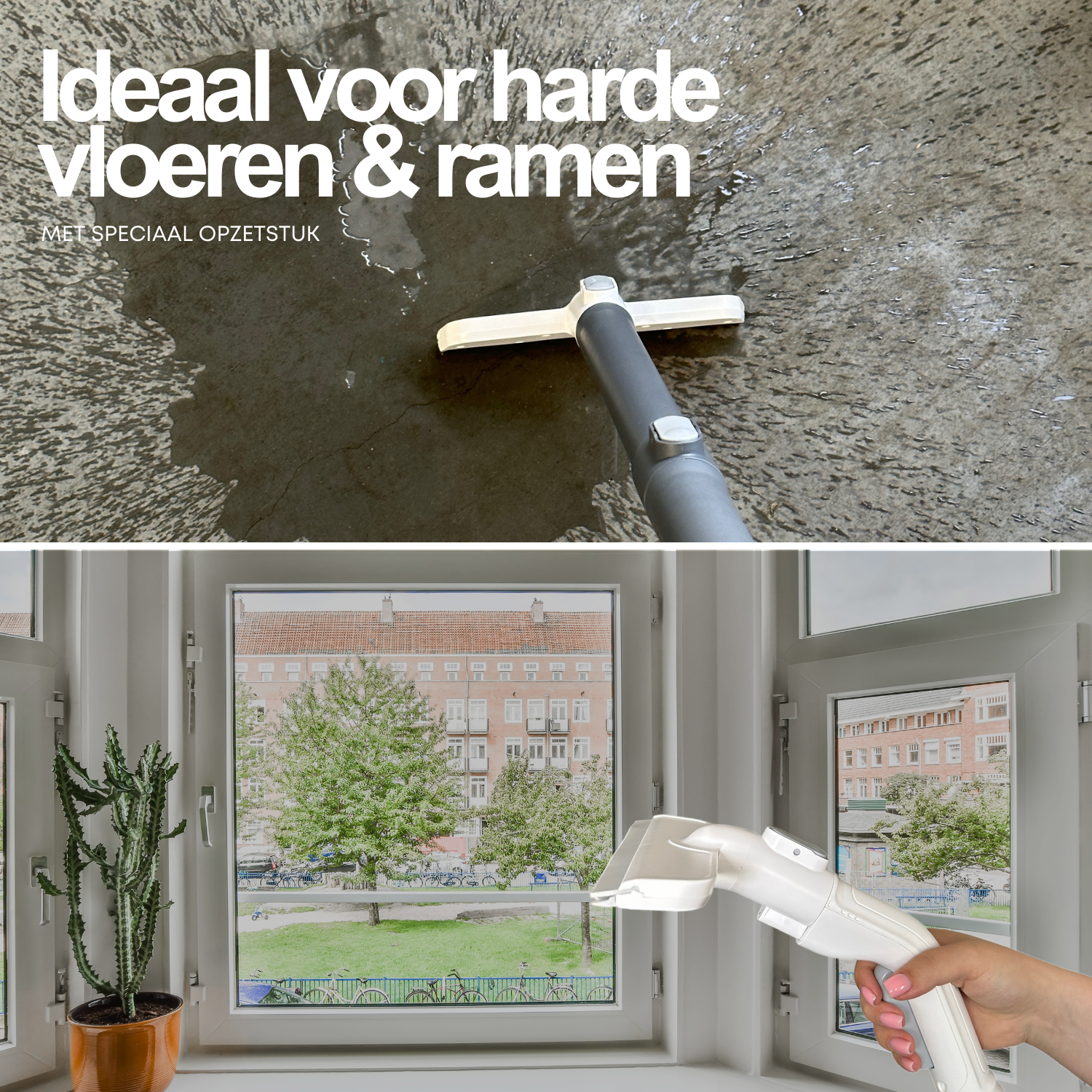 A cleaning device is used on a window and a floor. It's ideal for cleaning hard floors and windows.