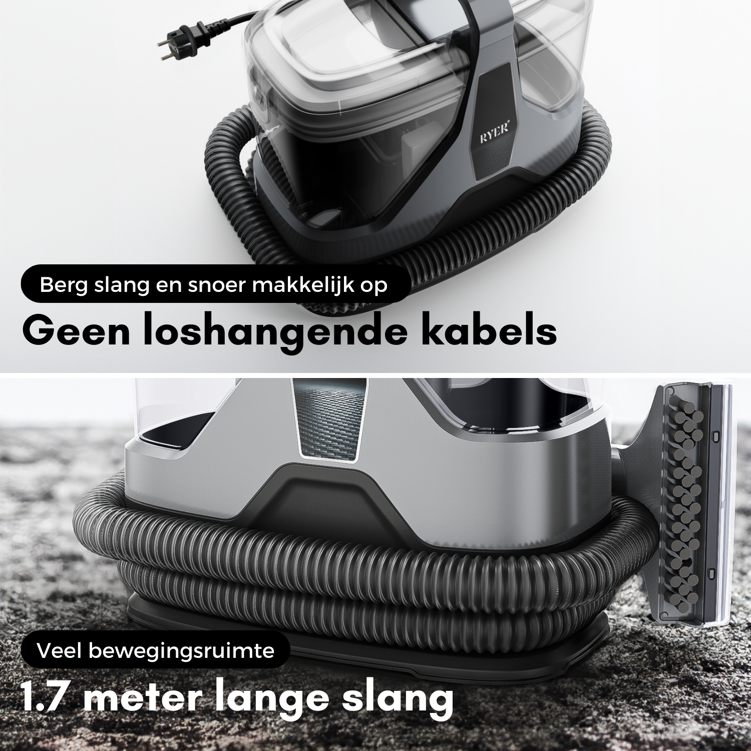 Two part image, vacuum cleaner with hose and text about cables and hose length.