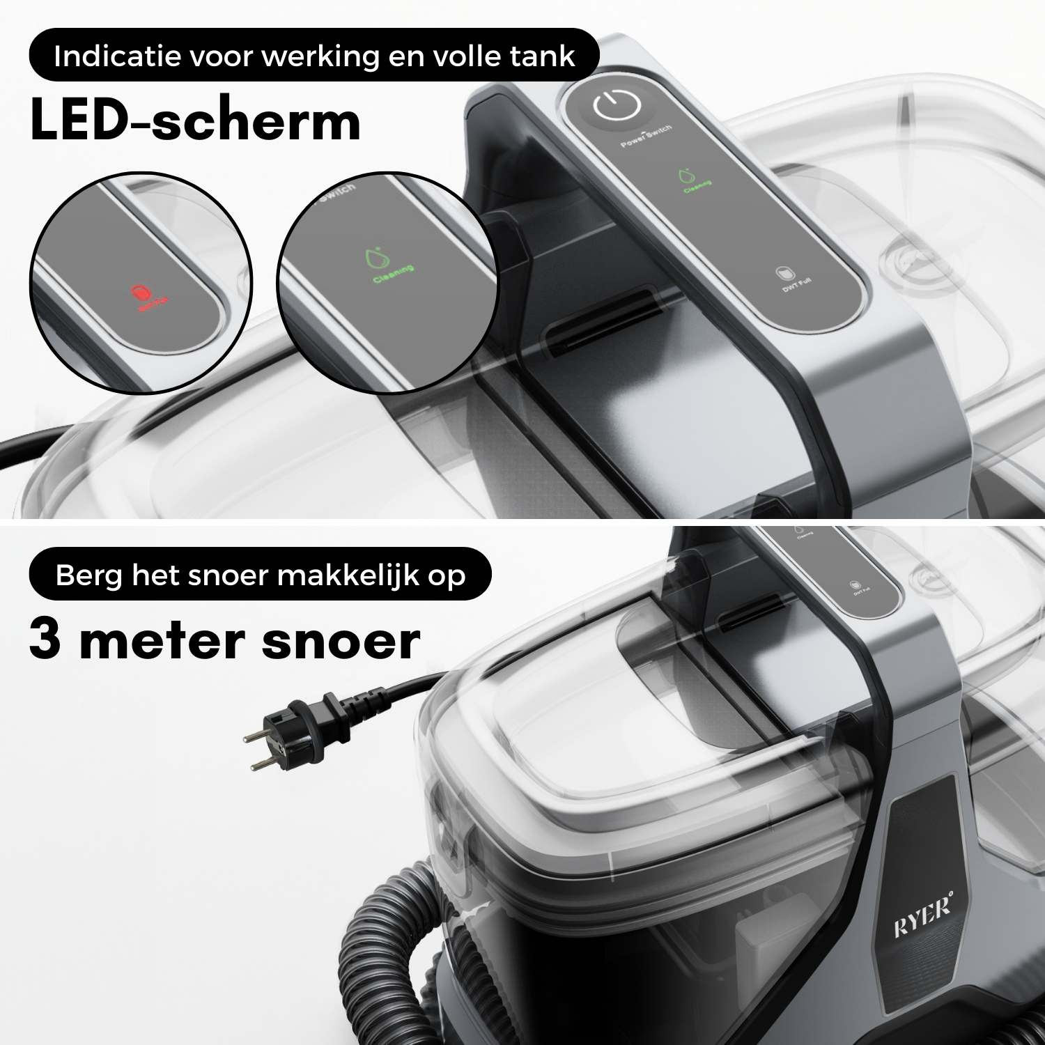 Portable cleaner with LED display and power cord. 