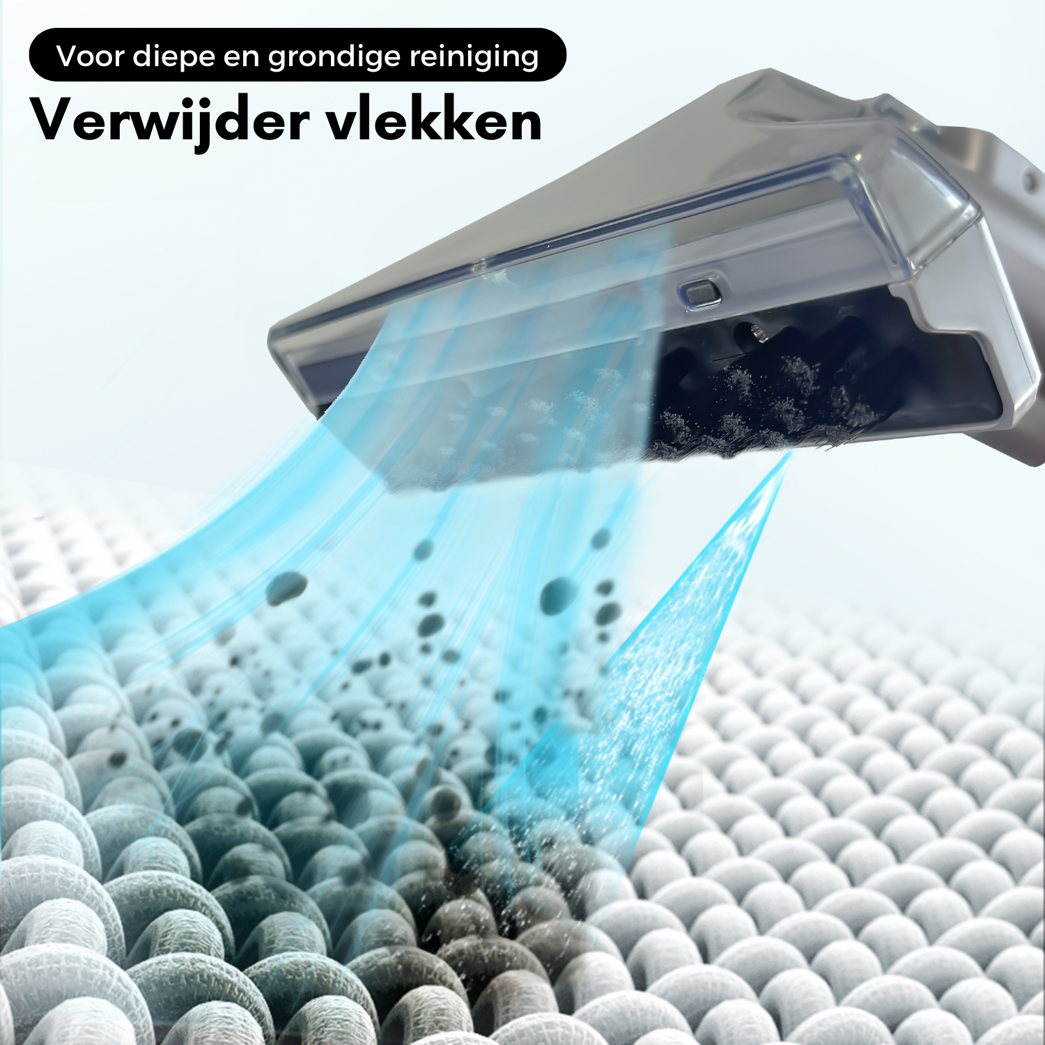 Close-up of a cleaning tool spraying water on a fabric. The image shows deep cleaning and stain removal.