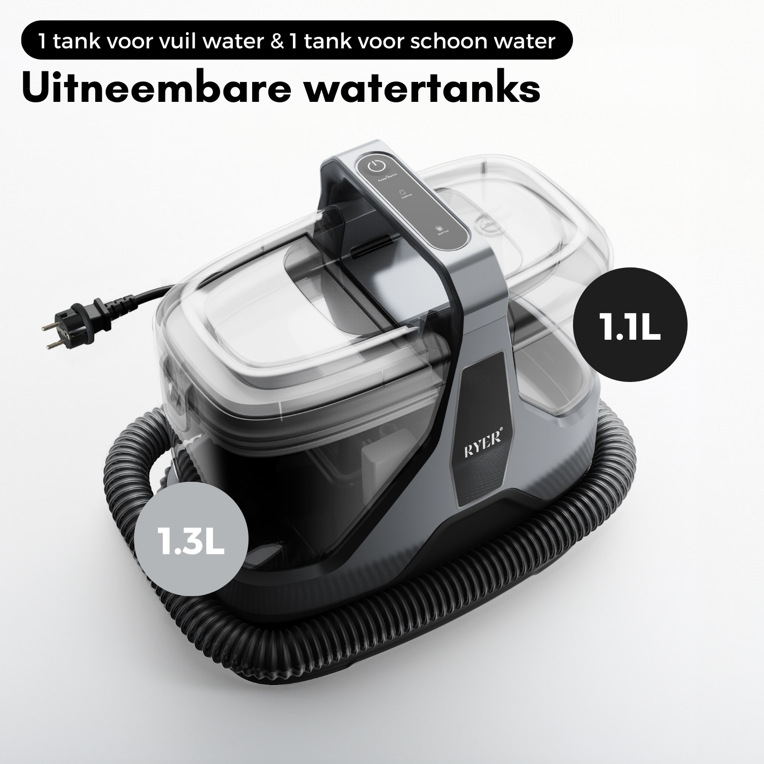 A water cleaner with two tanks: one for dirty water, one for clean water. Removable water tanks.