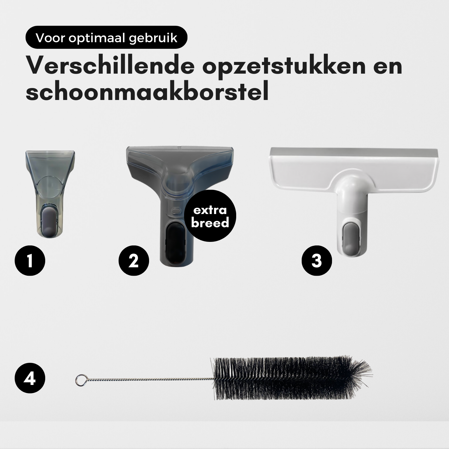 Four cleaning attachments are displayed, numbered 1-4. They are white and gray, with black brushes.