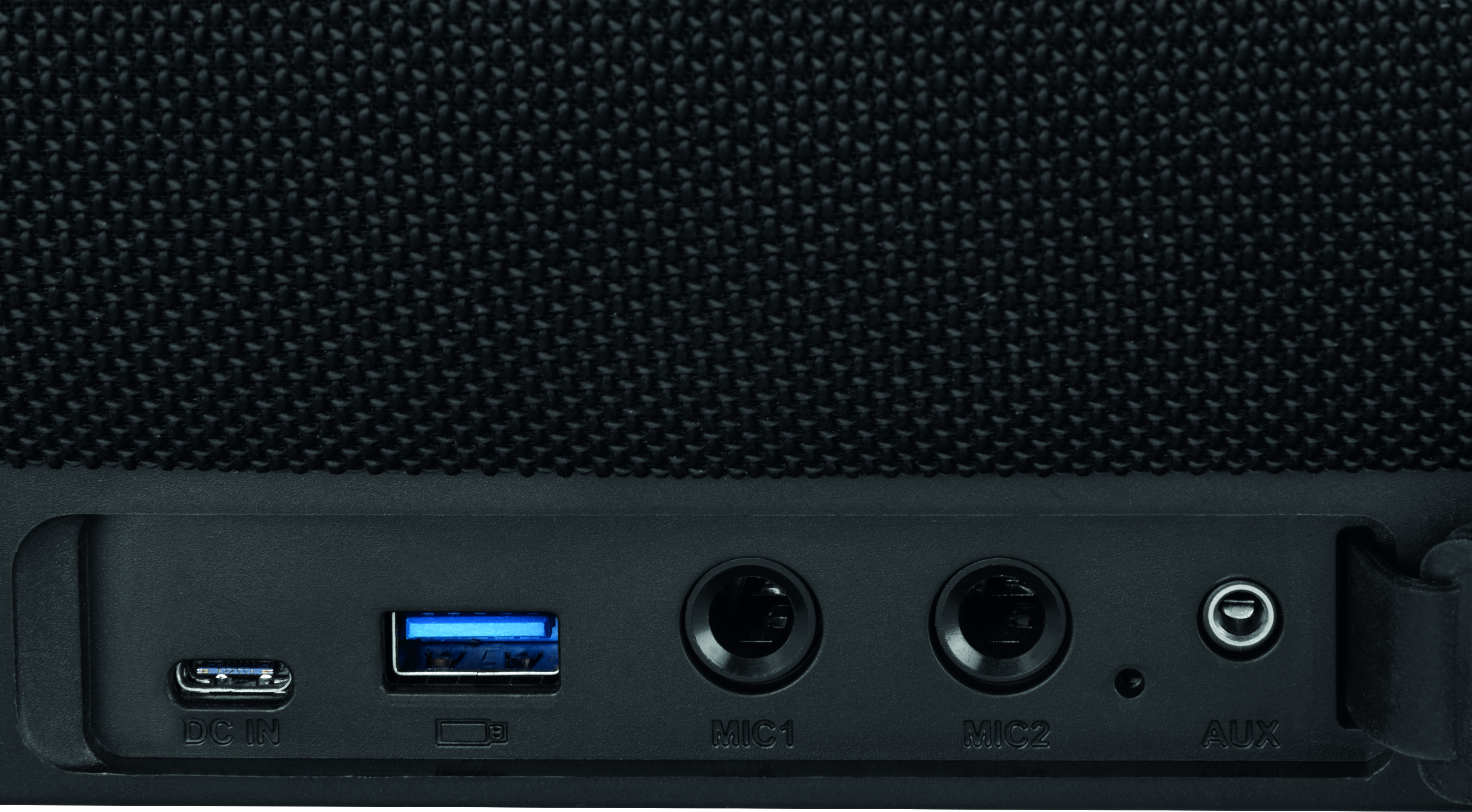 Die Rückseite eines schwarzen Lautsprechers mit Anschlüssen: DC IN, USB, MIC1, MIC2 und AUX. Die Anschlüsse sind beschriftet.