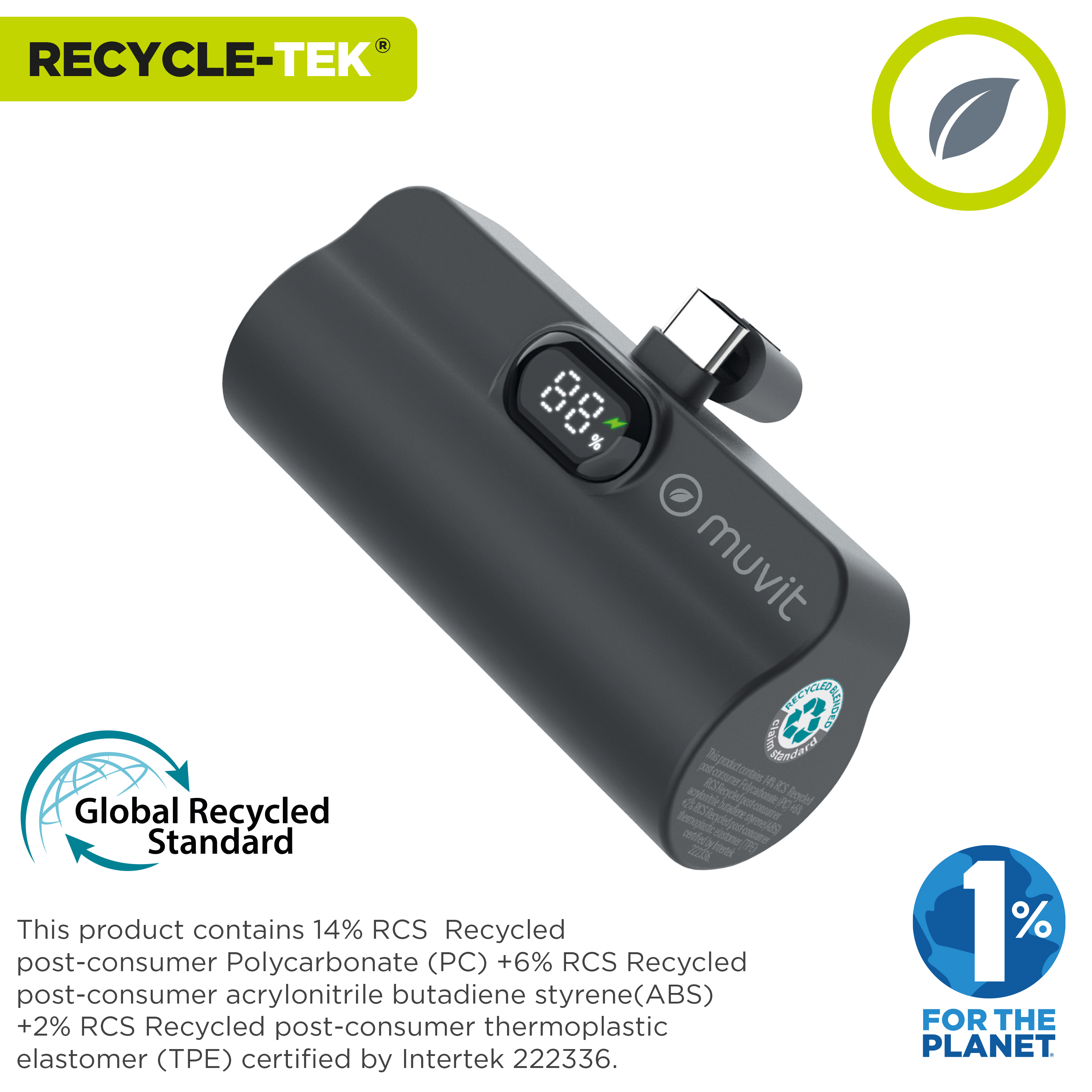 Un power bank grigio scuro con schermo che mostra '88%', loghi e testo sui materiali riciclati.