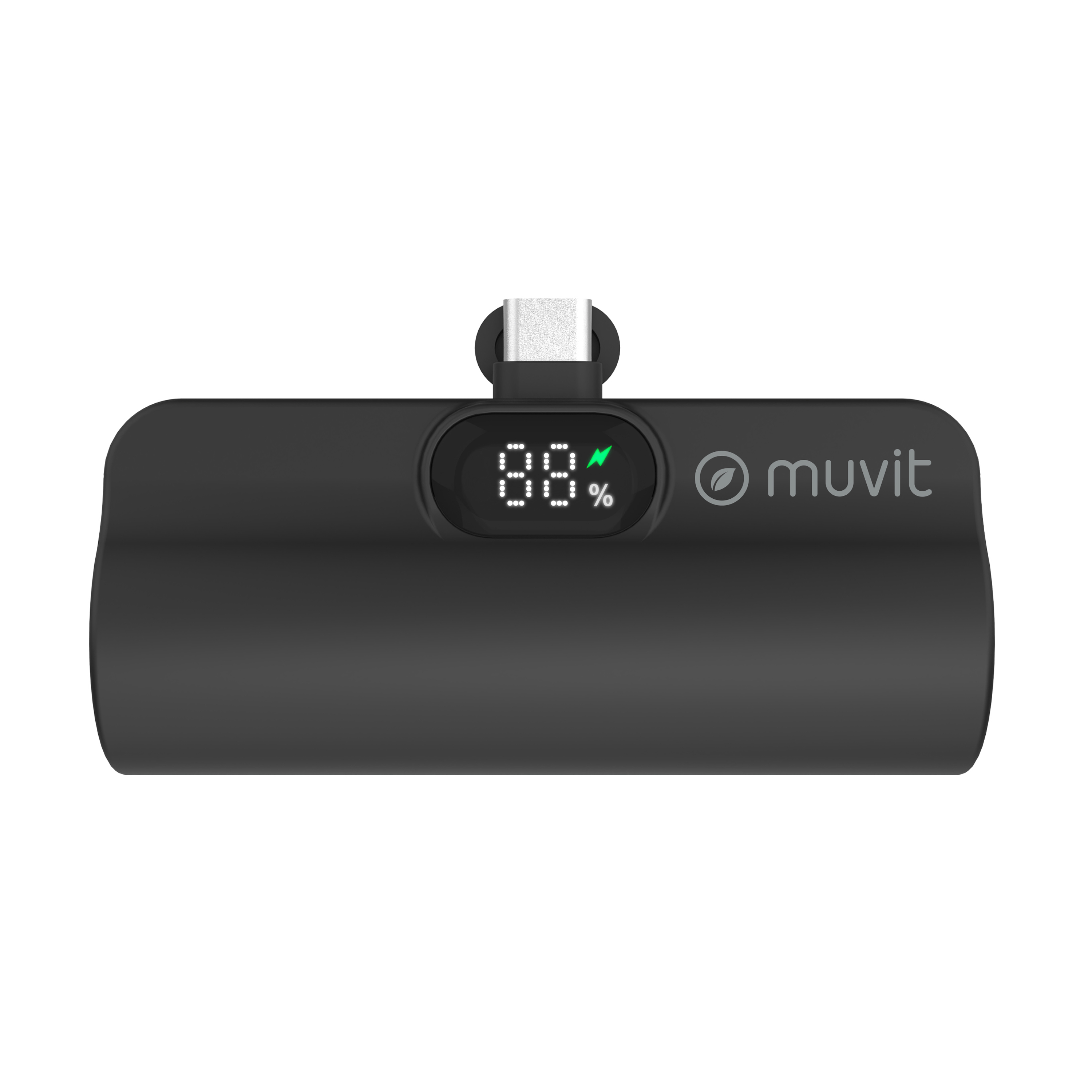 Power bank nero con schermo che mostra la percentuale e porta USB-C.