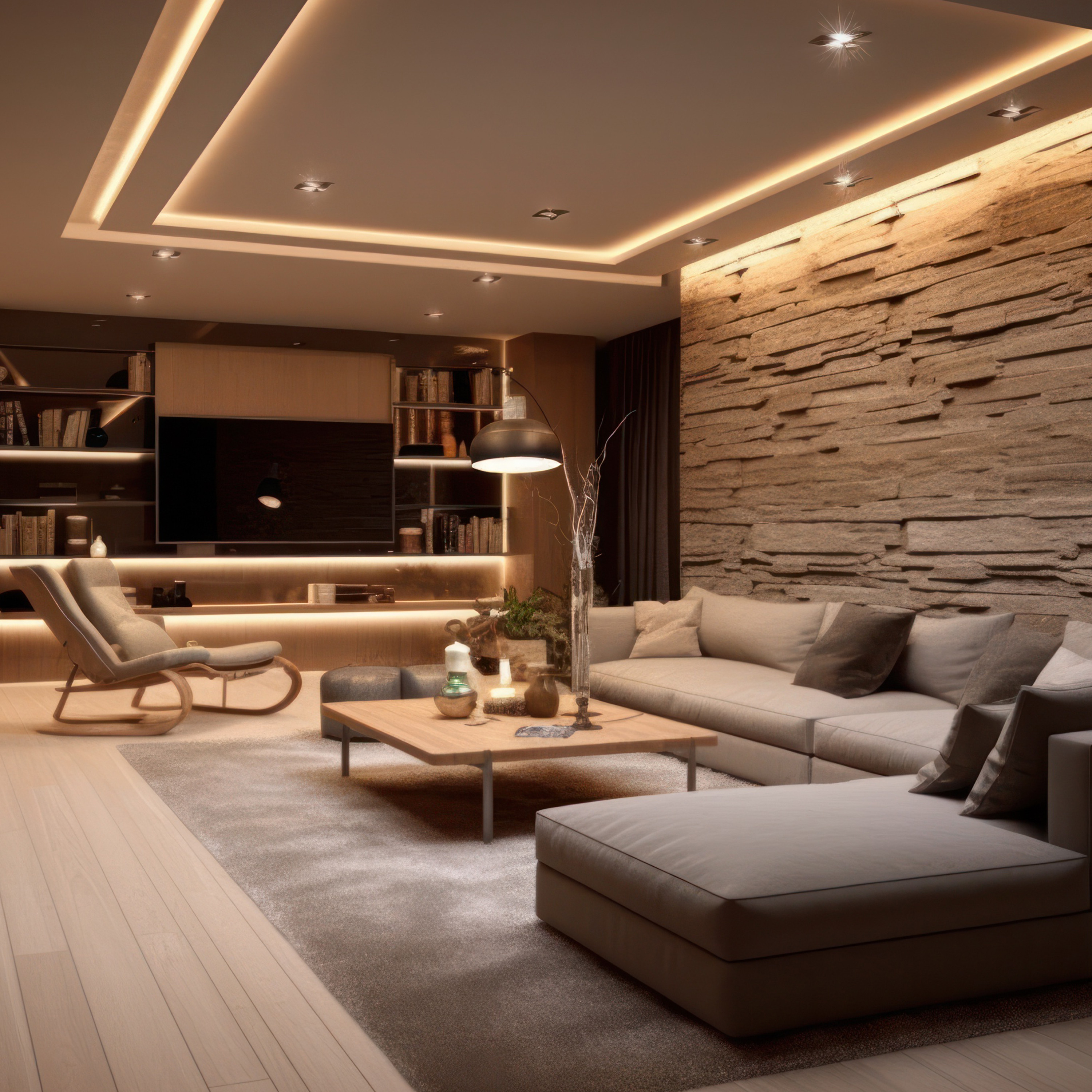 Salón con sofá, pared de piedra, estanterías, TV e iluminación cálida. Diseño acogedor y moderno.