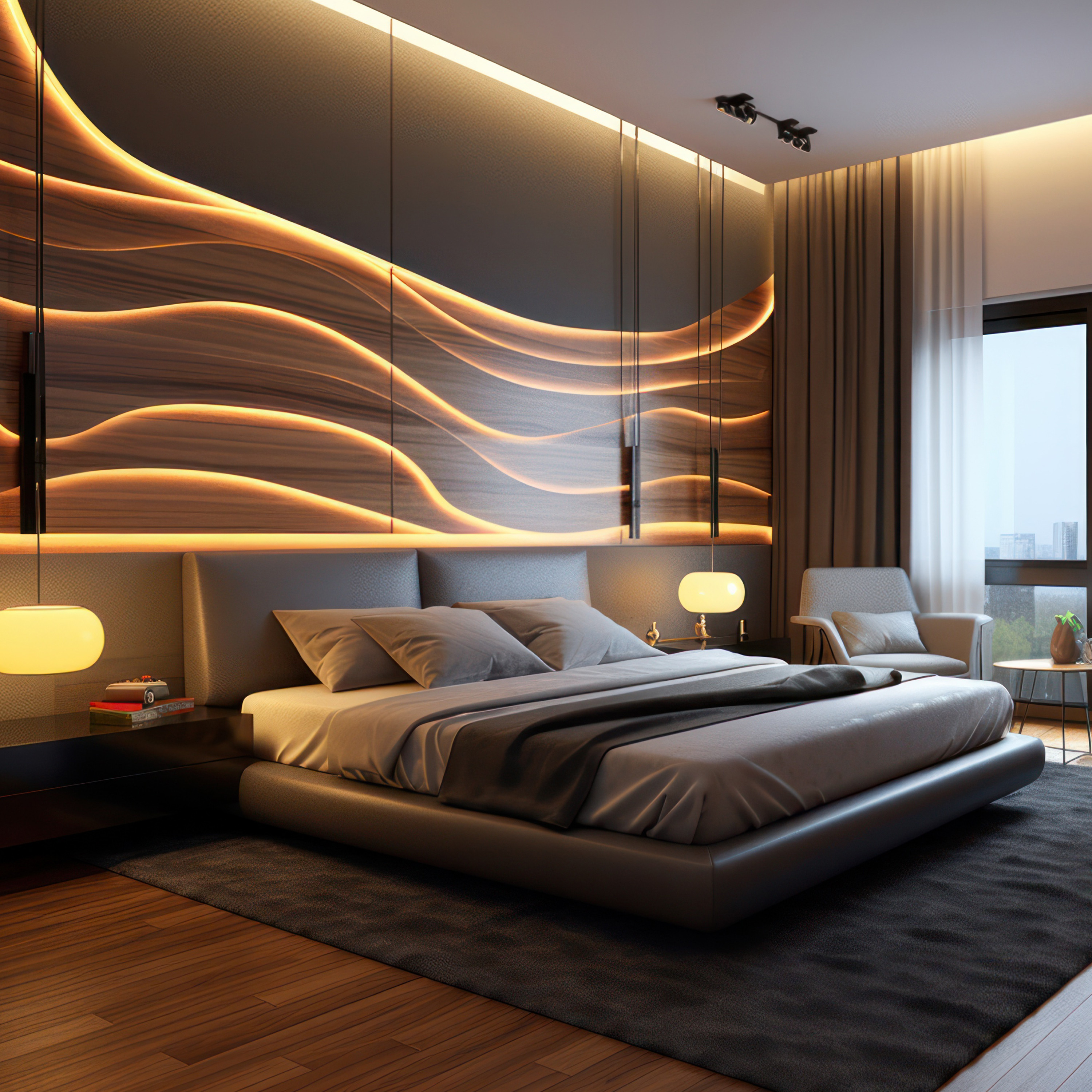 Un dormitorio moderno con cama grande, pared de madera oscura e iluminación ambiental, creando un ambiente acogedor.