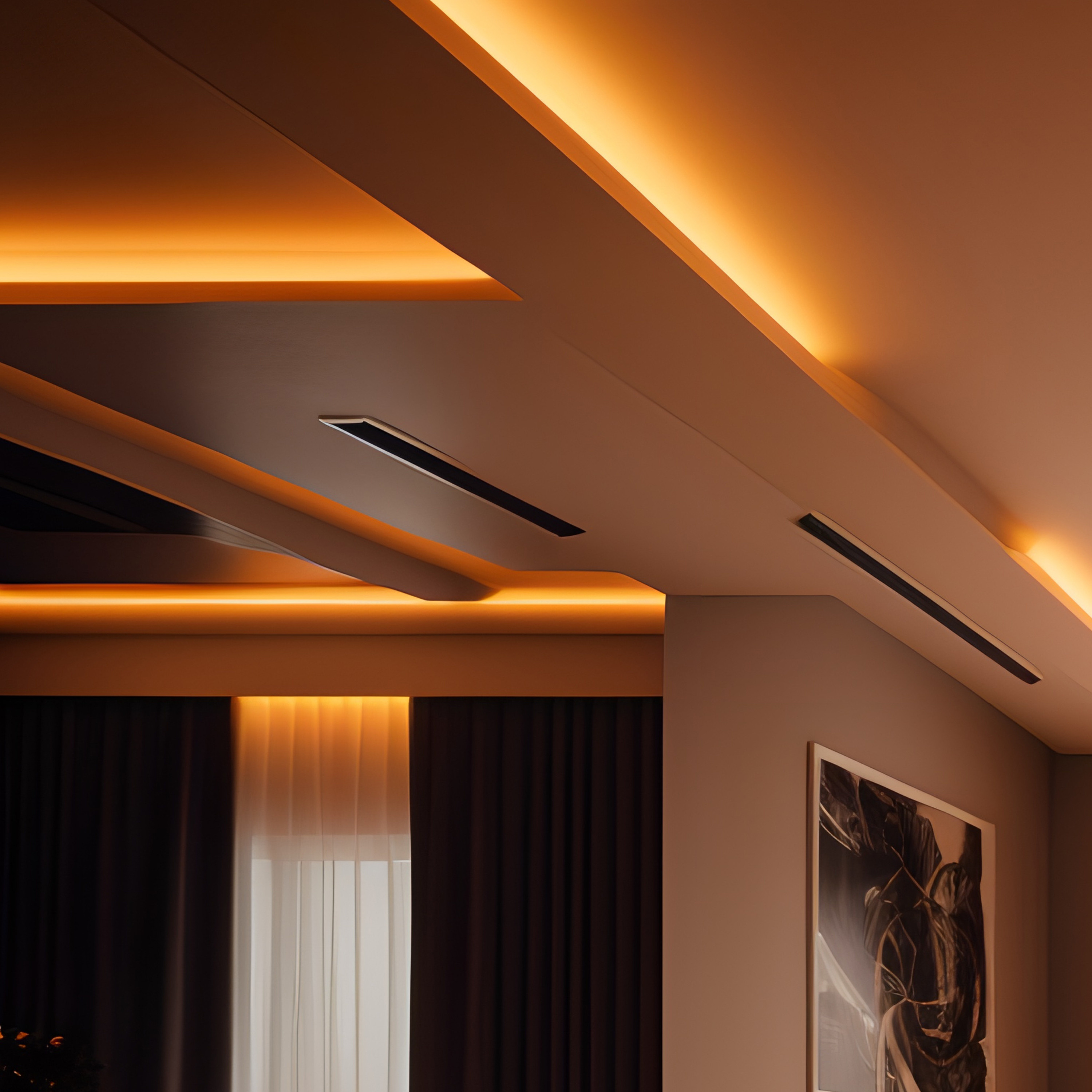 Design moderno del soffitto con illuminazione calda ed elementi decorativi.