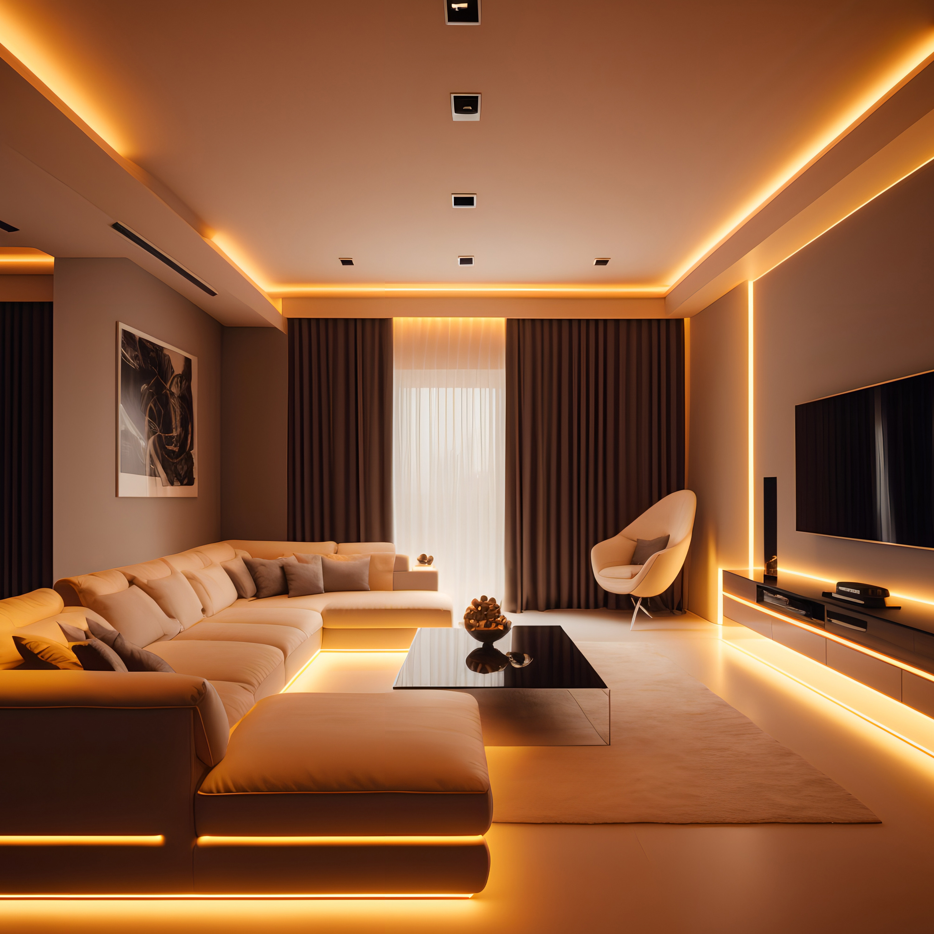 Un soggiorno moderno con divano beige, TV e illuminazione ambientale.