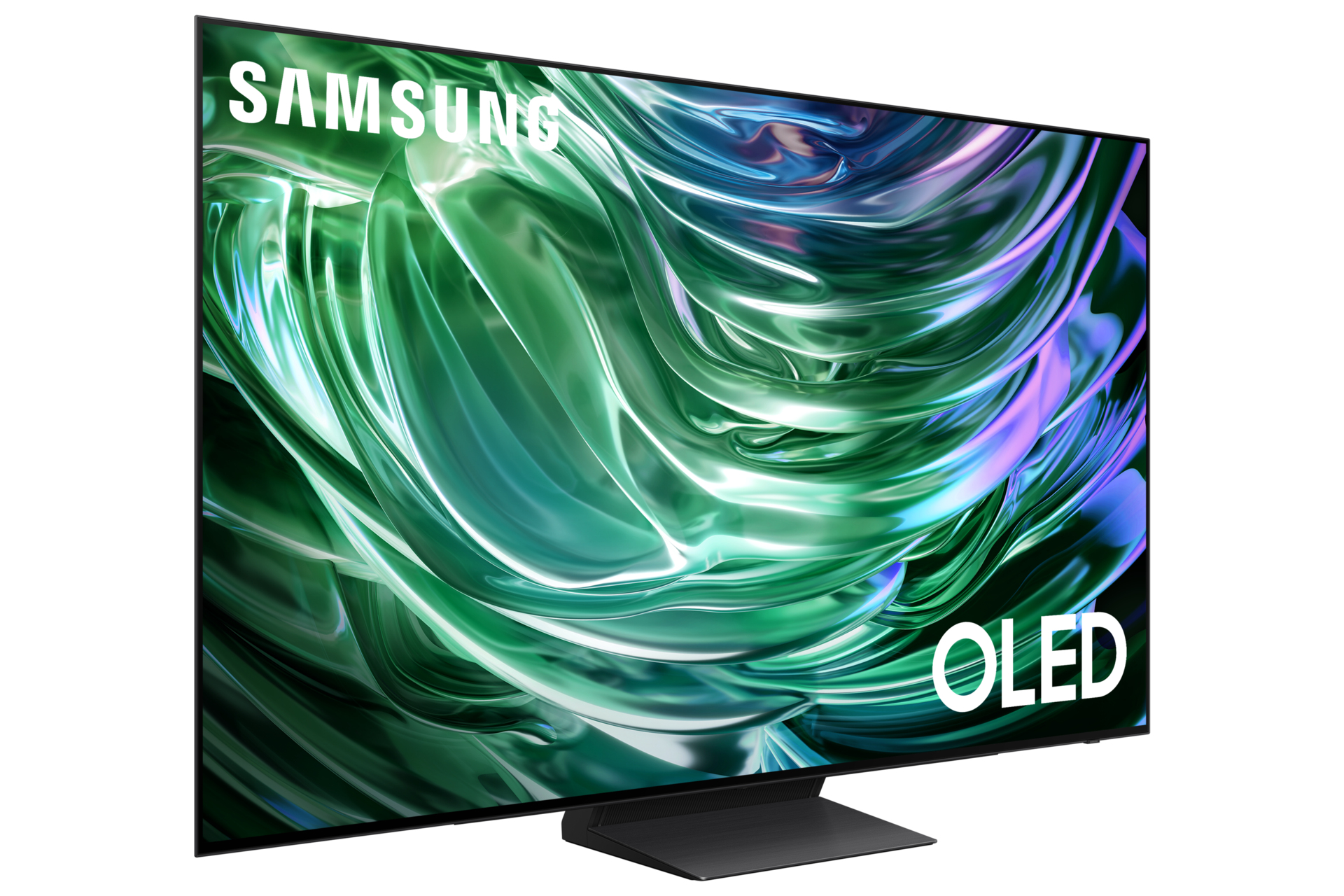 Samsung OLED-Fernseher, der ein farbenfrohes, abstraktes, grün-blaues Bild zeigt.