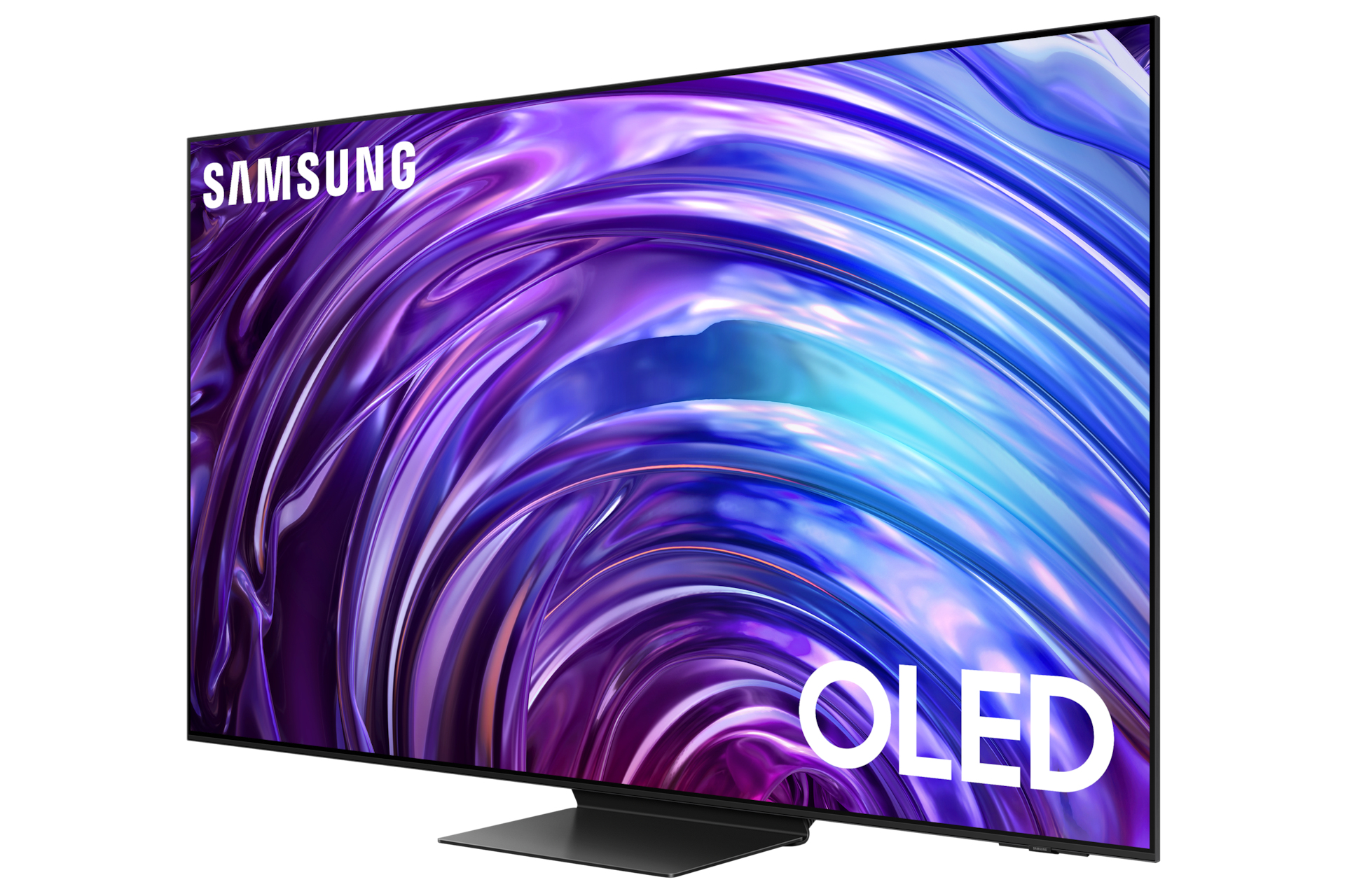 Großer Bildschirm-TV mit lila und weißem, abstraktem Hintergrund, OLED-Logo sichtbar.