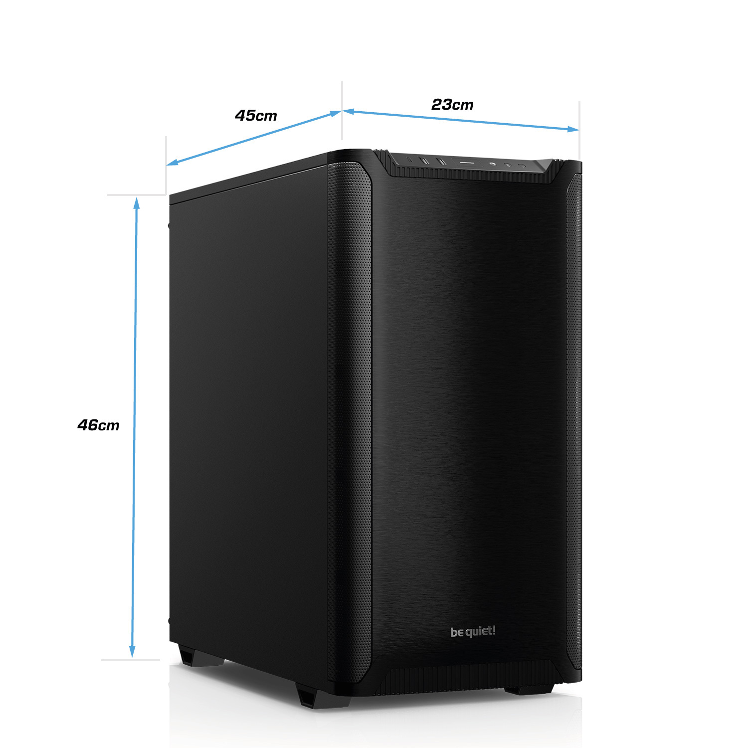 Ein schwarzes Computergehäuse mit Größenangaben in blauen Linien.