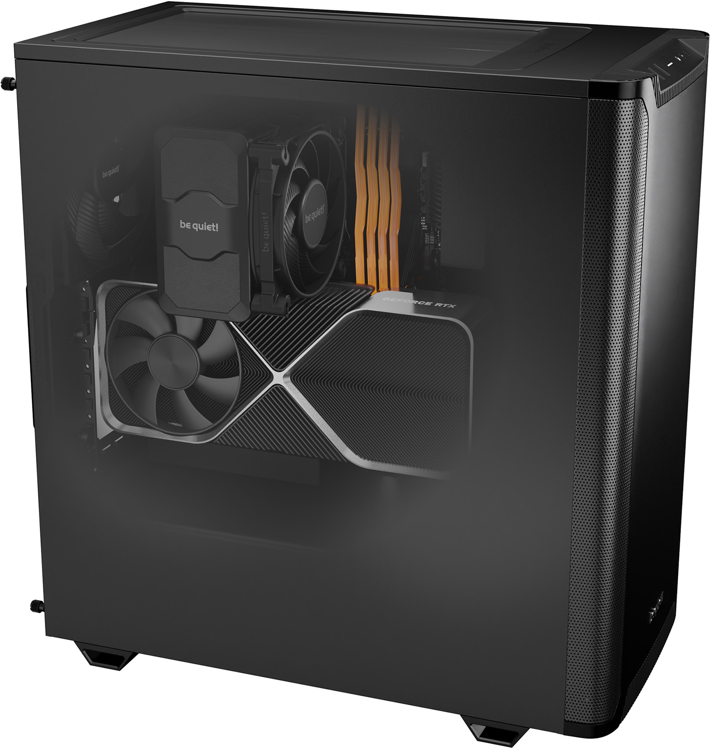 Schwarzes Computergehäuse mit durch die Glasscheibe sichtbaren Komponenten.