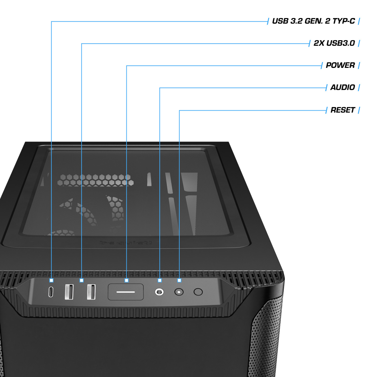 Schwarzes Computergehäuse mit Anschlüssen: USB, Strom, Audio und Reset. Ein durchsichtiges Seitenfenster ist sichtbar.