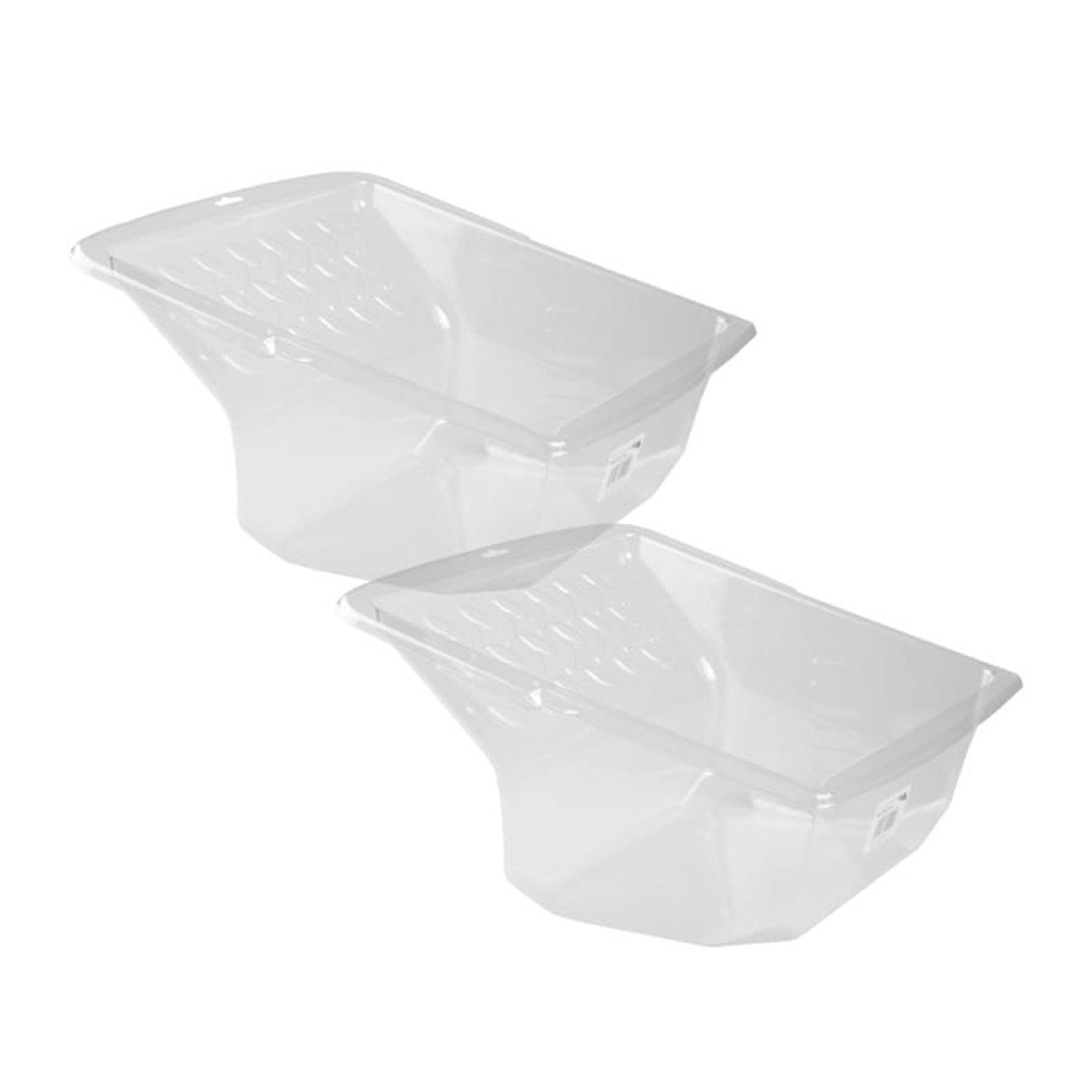 Zwei transparente, abgewinkelte Farbschalen. Sie sind leer und haben einen strukturierten Bereich.