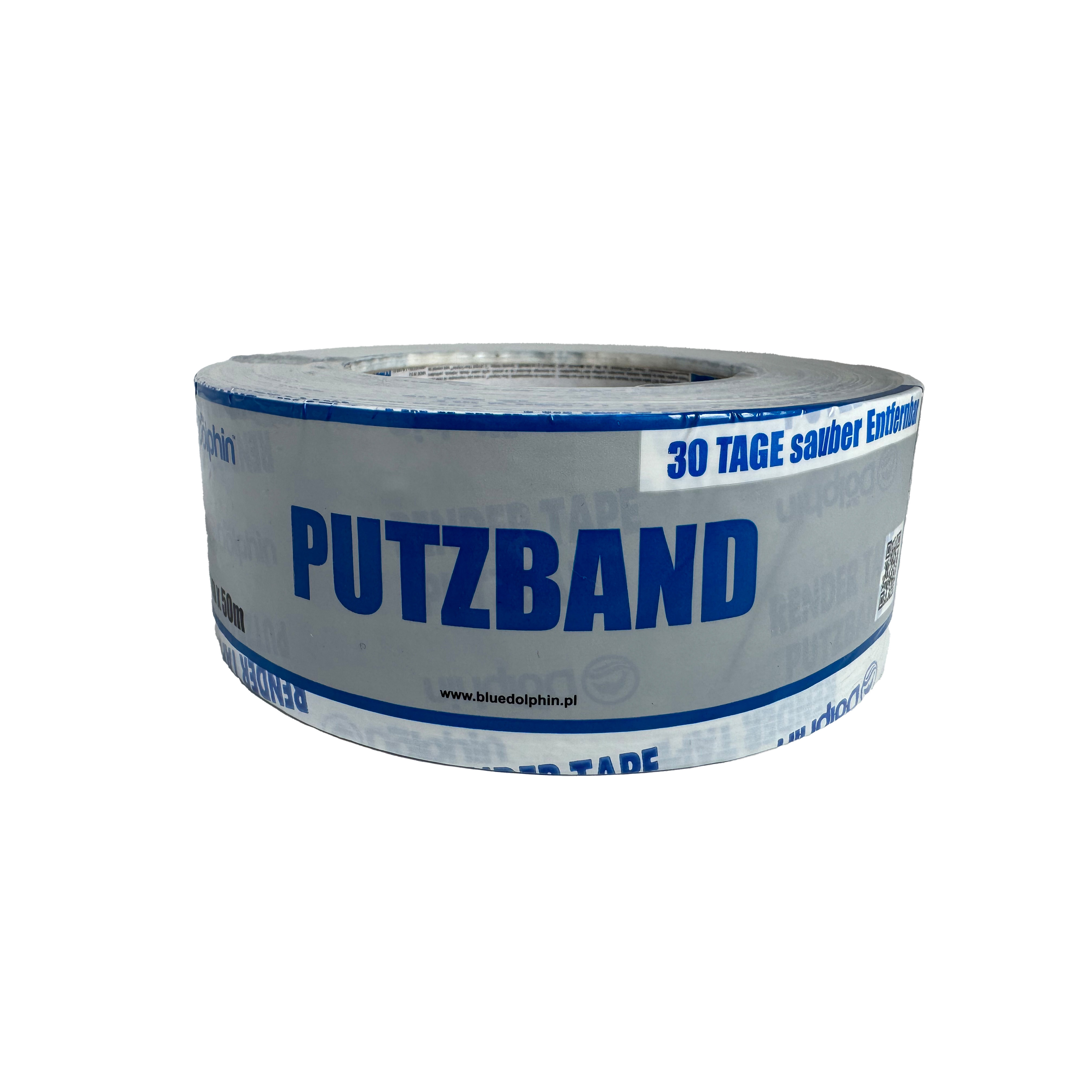 Rolle graues Klebeband. Das Klebeband ist um einen Kern gewickelt. Text: PUTZBAND, 30 TAGE sauber entfernen.