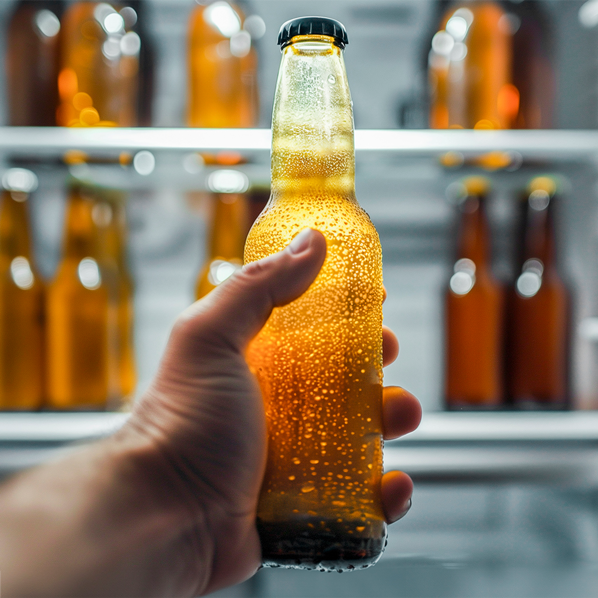 Mano che tiene una bottiglia di birra fredda con condensa, all'interno di un frigorifero.