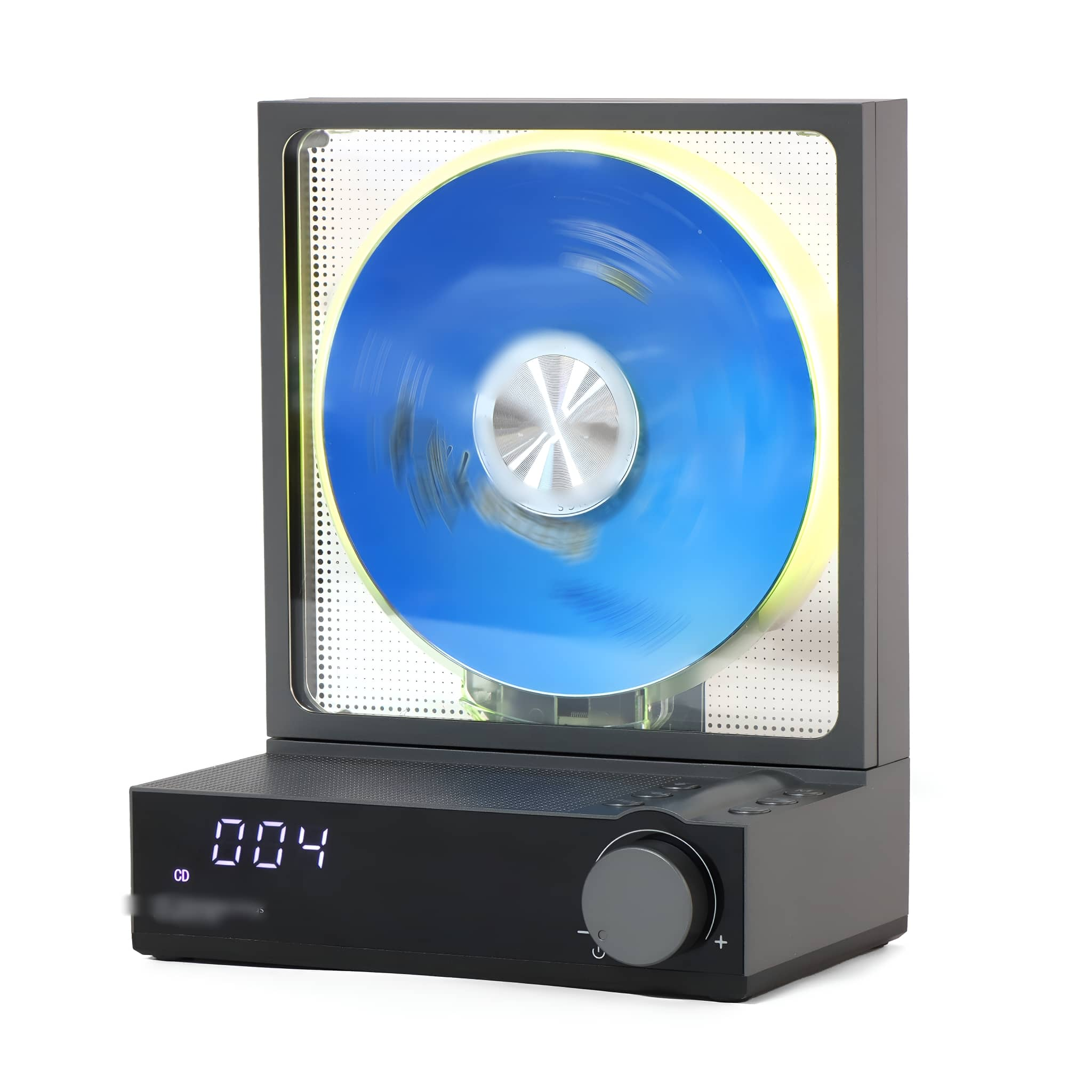 Schwarzer und grauer Musikplayer mit einer sich drehenden blauen CD im Inneren. Es hat eine Digitalanzeige.