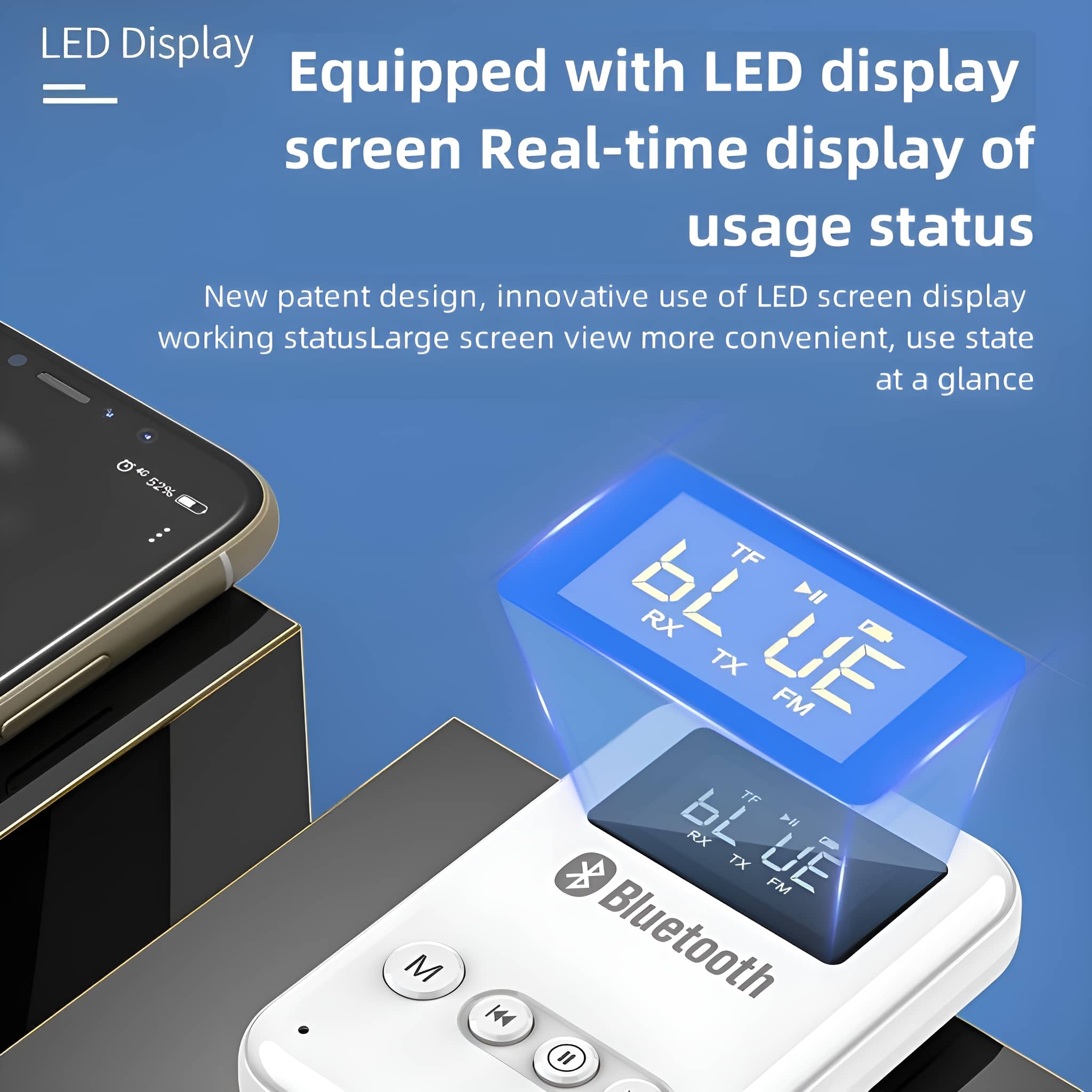 Eine LED-Anzeige eines blauen Bluetooth-Geräts wird über einem weißen Gerät angezeigt. Text ist vorhanden.