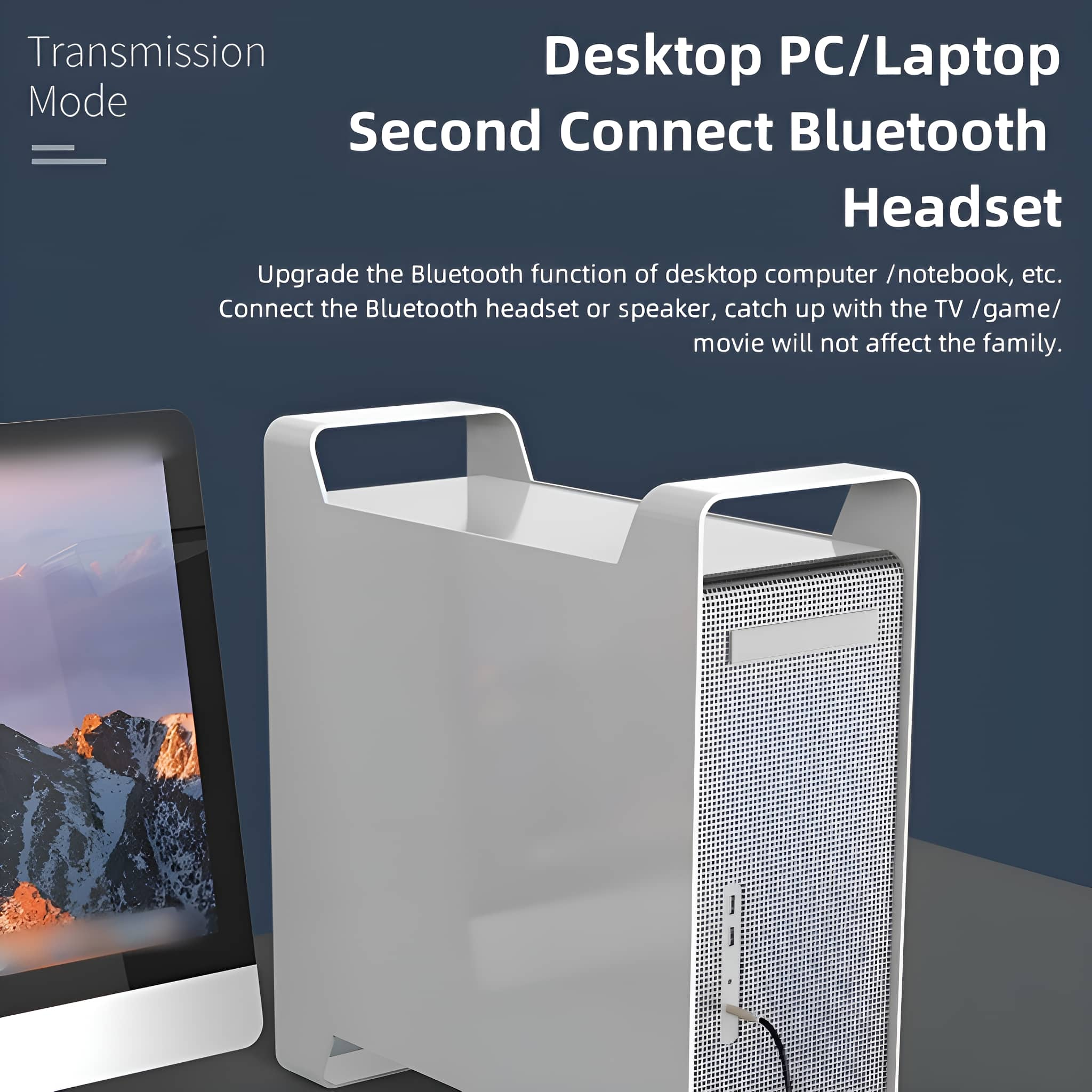 Weißes Desktop-Computergehäuse mit Text, ein Monitor links und ein verschwommener Hintergrund.