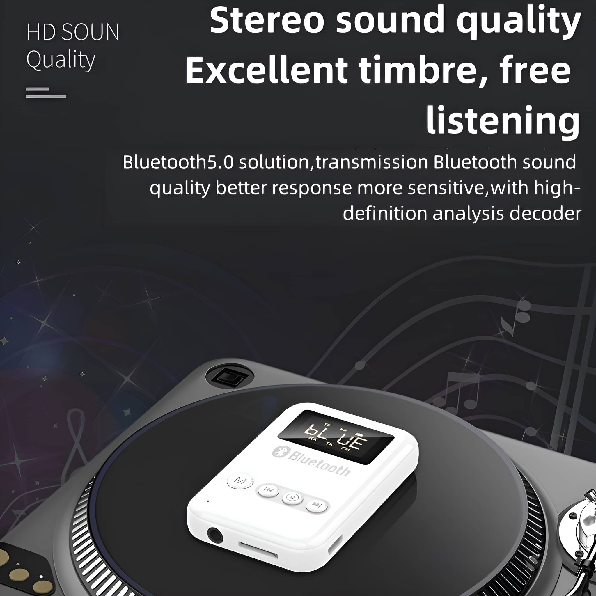 Weißes Gerät mit Bildschirm, auf einem Plattenspieler, mit Text über Klangqualität und Bluetooth.