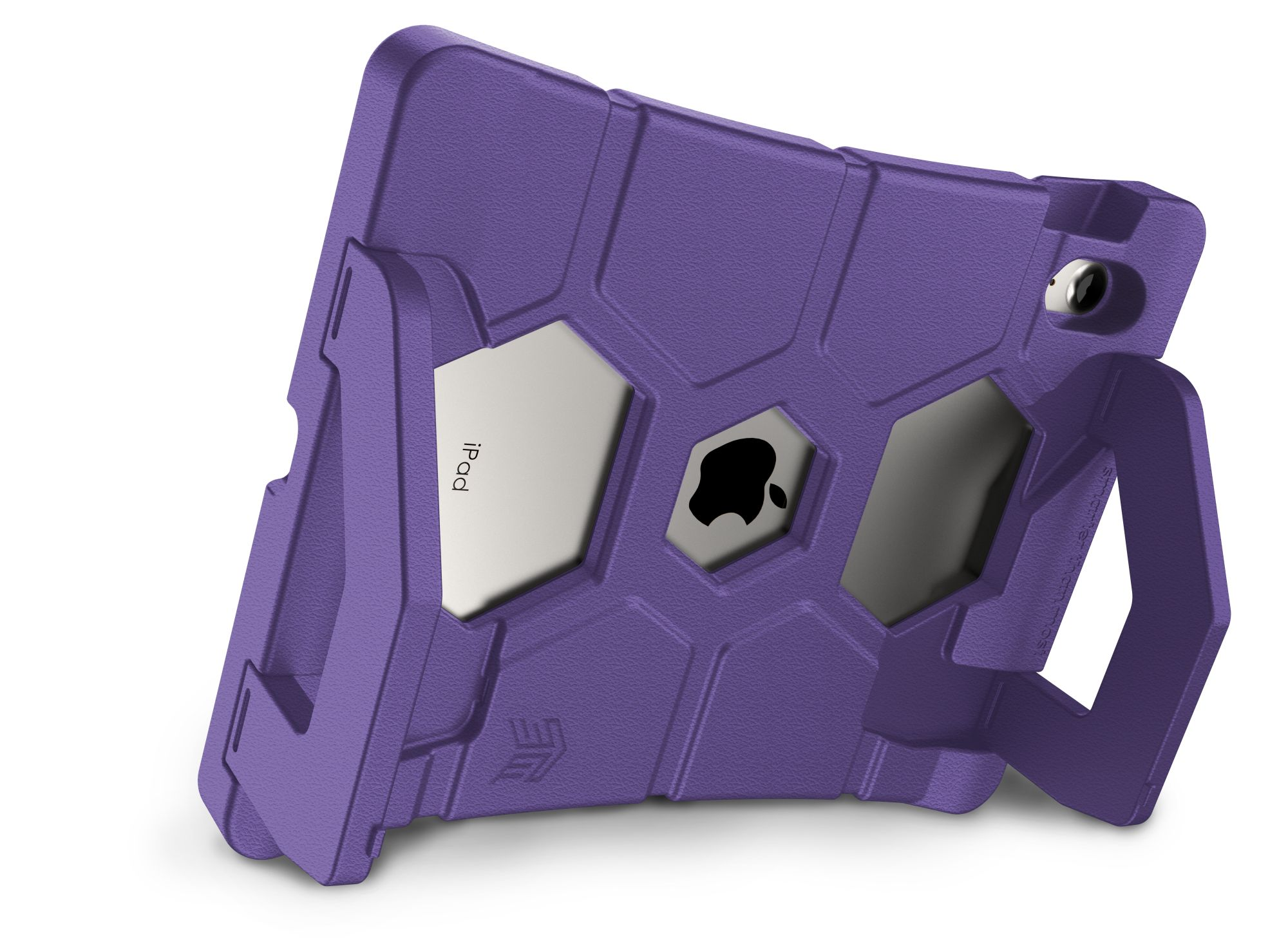 Eine violette iPad-Hülle mit robustem Design, mit einem iPad darin.