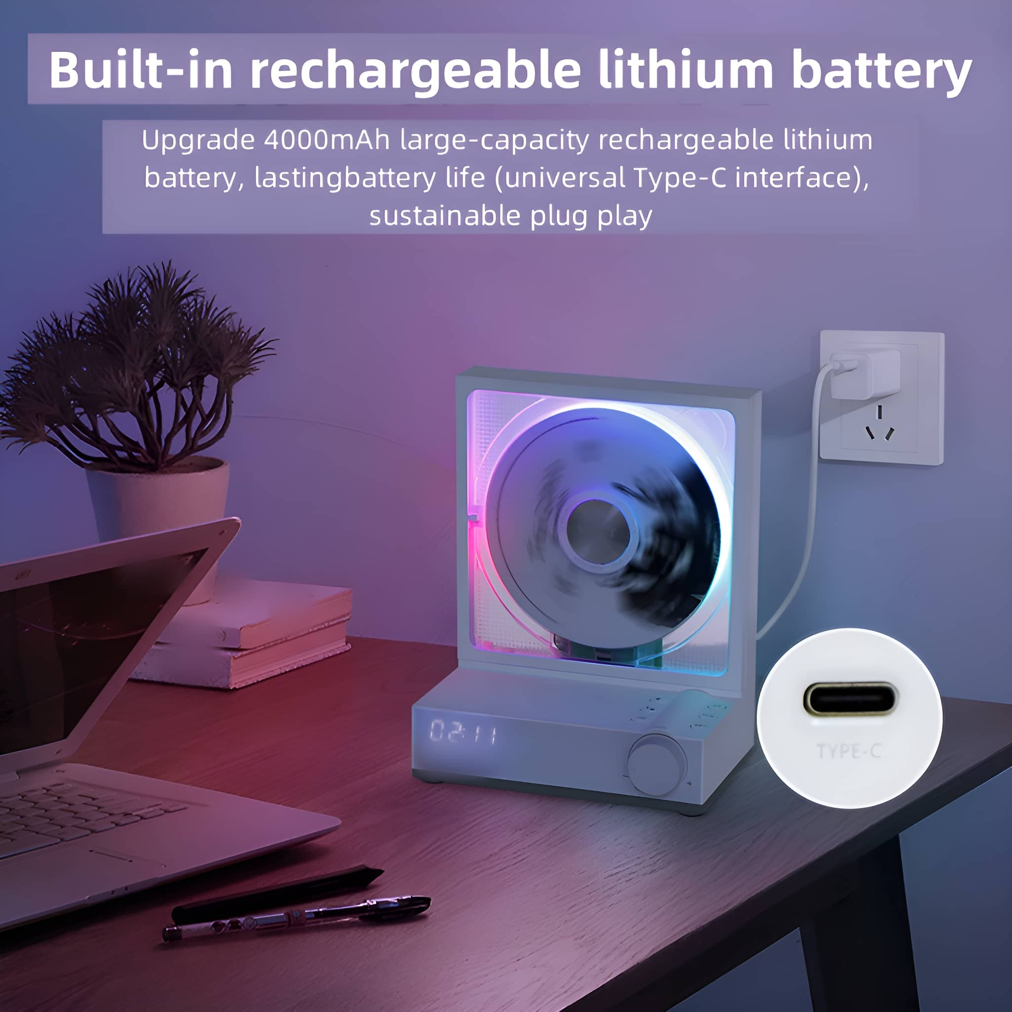 Weiß-graues Gerät mit Bildschirm und Typ-C-Anschluss. Der Text wirbt für eine Lithium-Batterie.