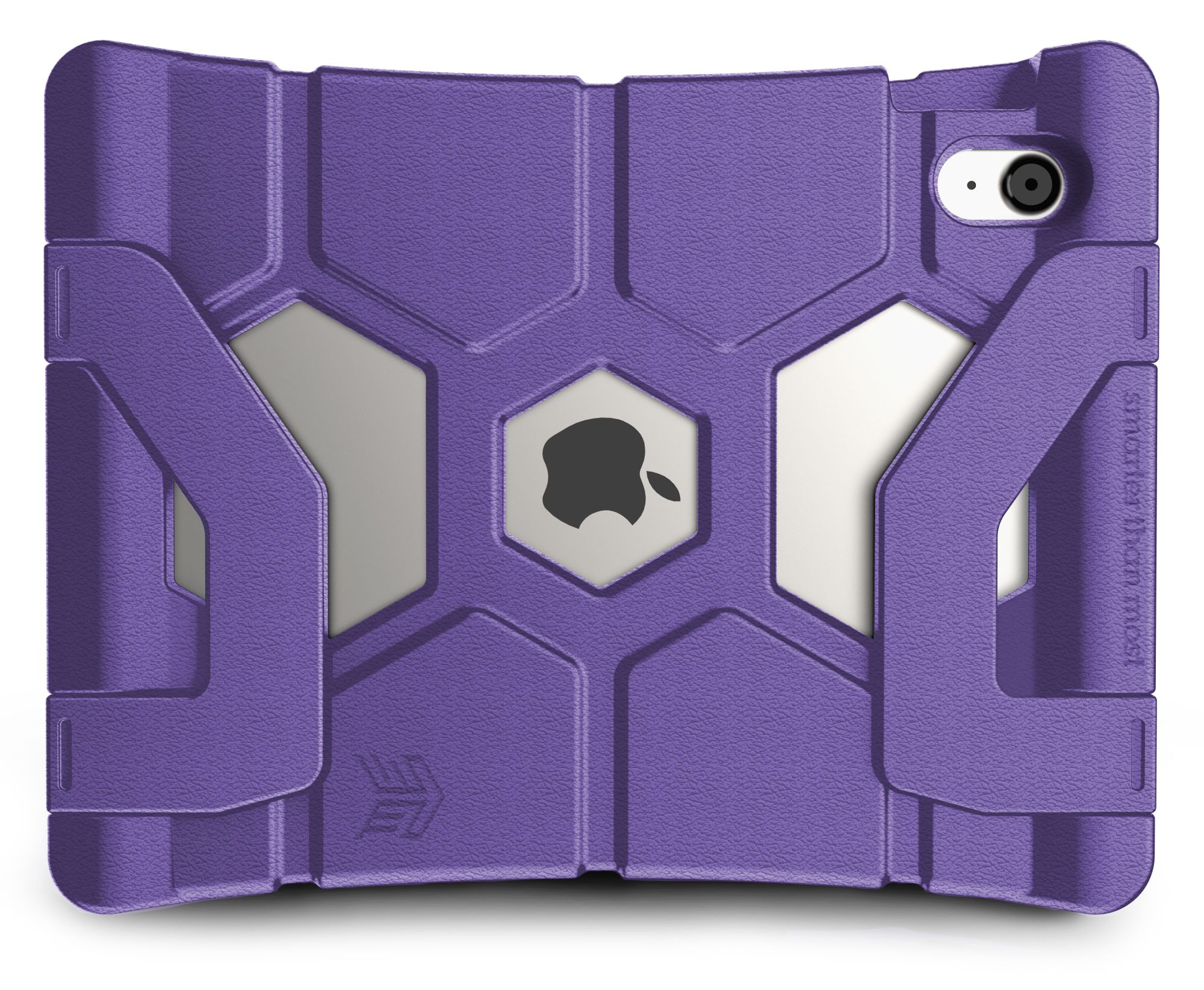 Lila iPad-Hülle mit Wabenmuster. Hat ein Apple-Logo in der Mitte.