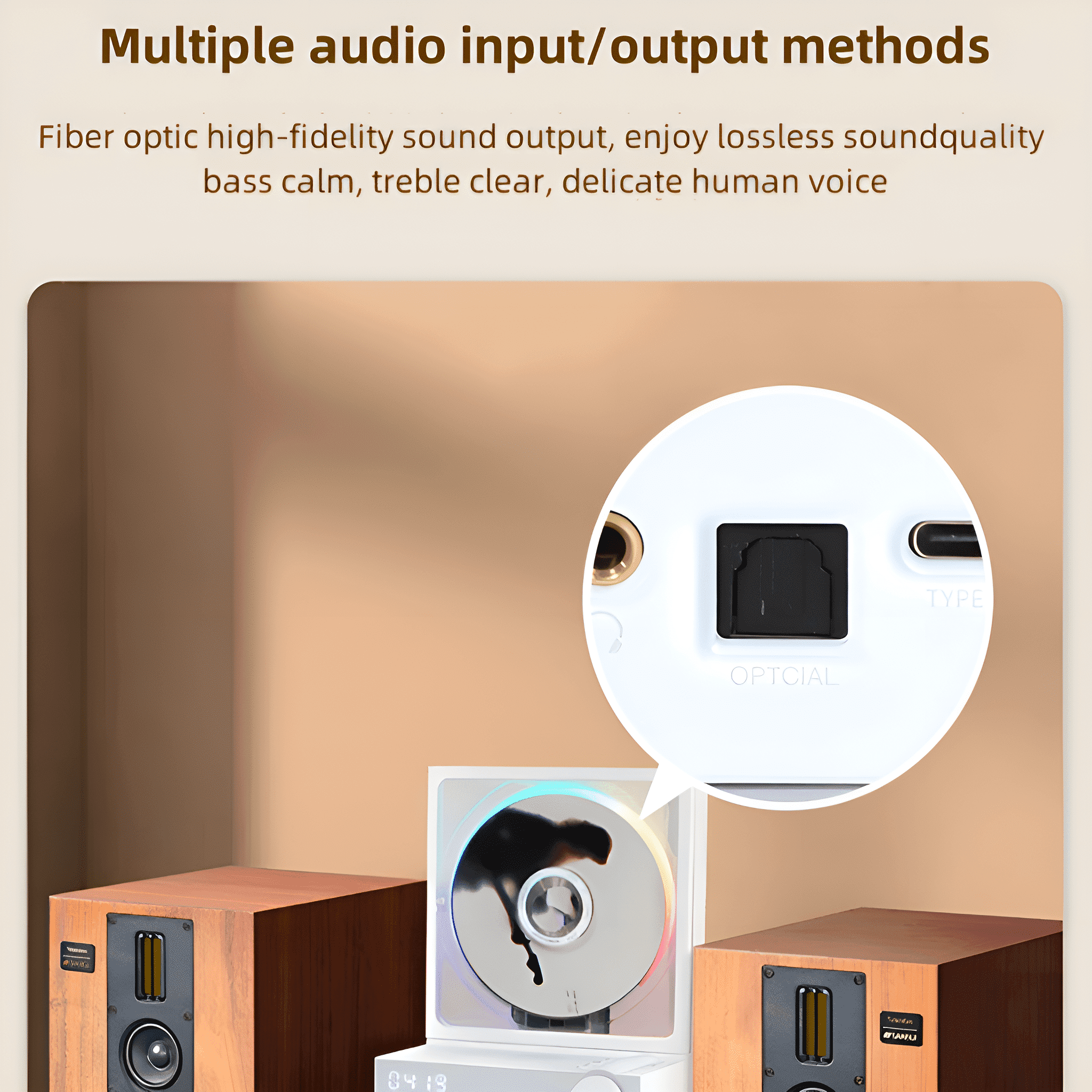Ein CD-Player mit Lautsprechern, der mehrere Audioeingangs-/ausgangsmethoden und ein optisches Portdetail zeigt.