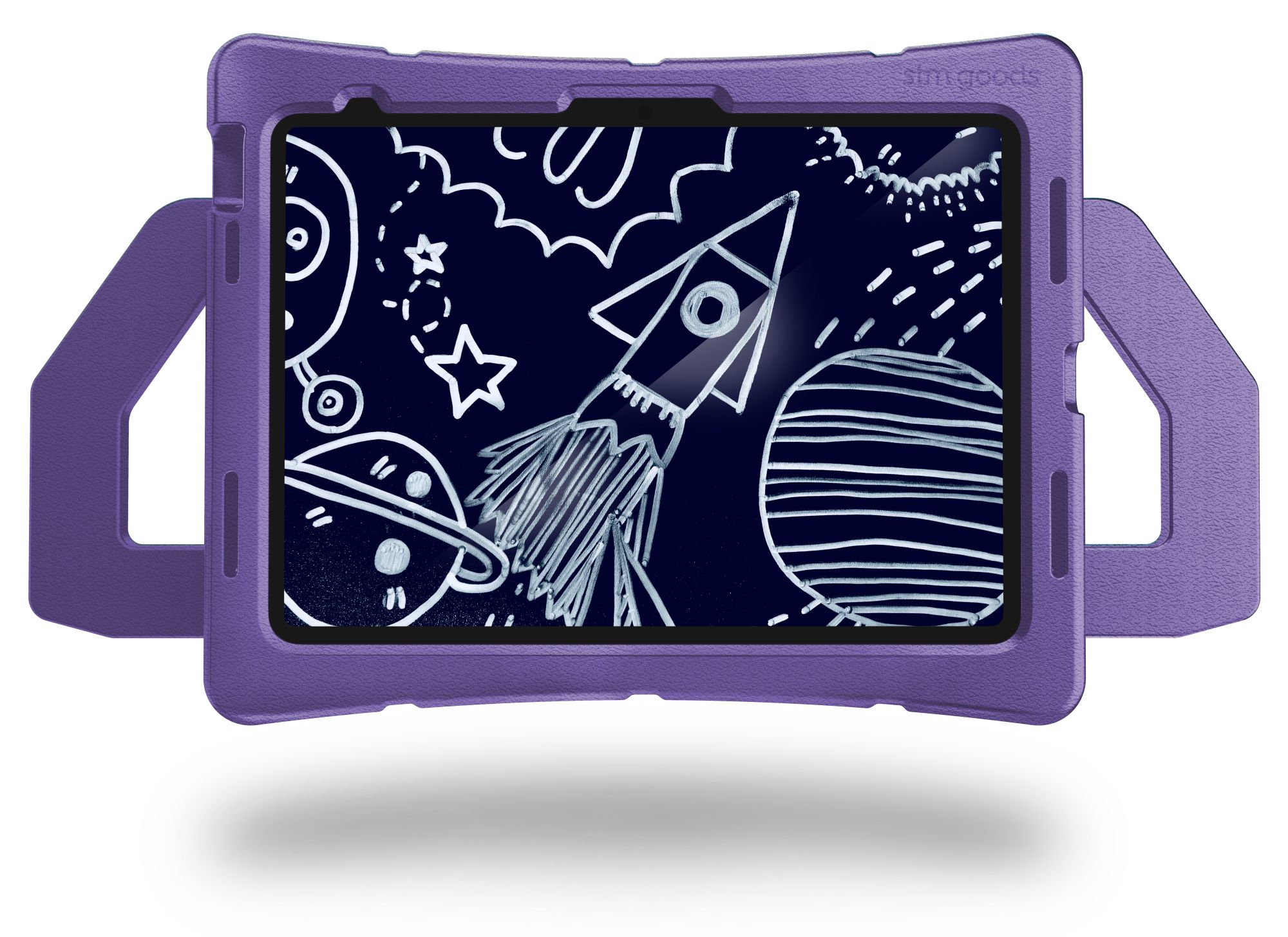Lila Tablethülle mit einer Zeichnung einer Rakete und Planeten. Weißer Hintergrund.