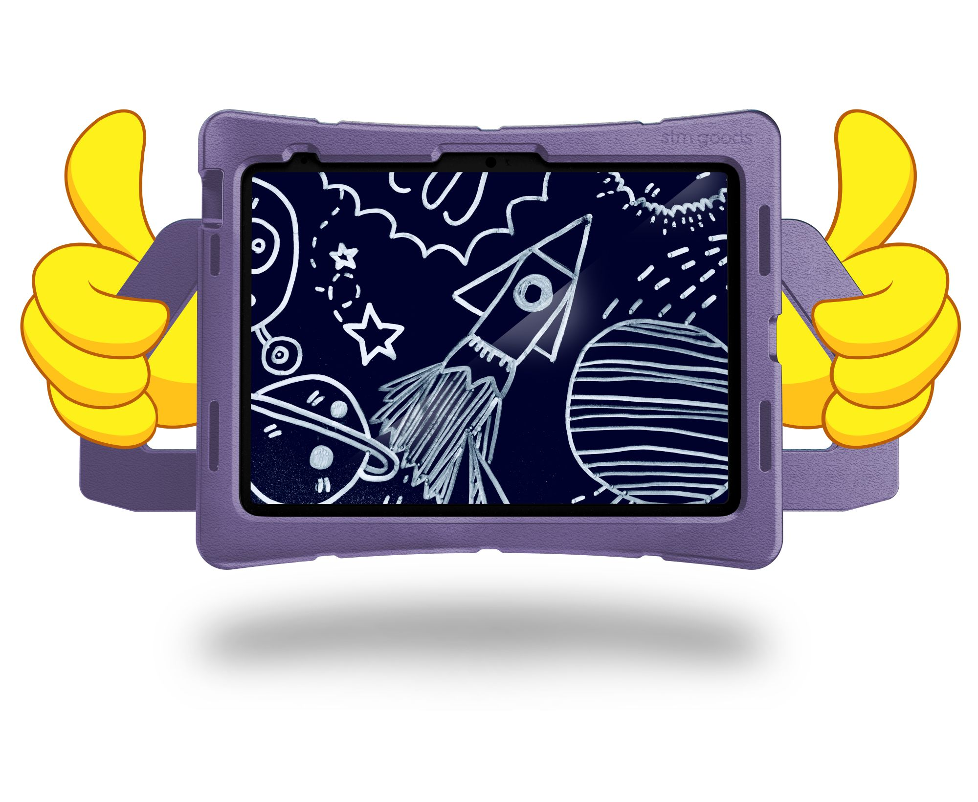 Lila Tablet in einer Schutzhülle, das eine Raketen- und Planetenzeichnung zeigt. Auf den Seiten sind Daumen hoch Emojis.