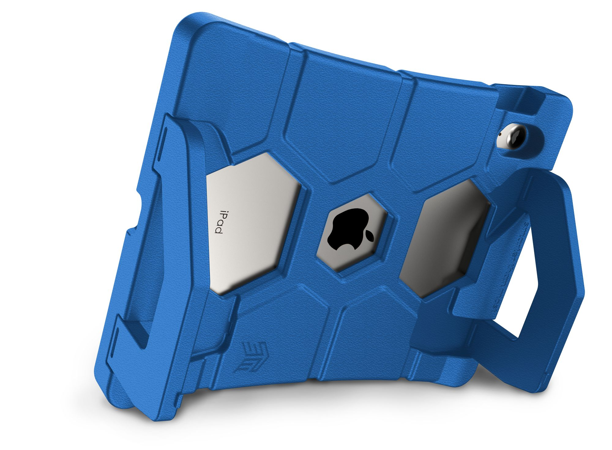 Blaue iPad-Hülle mit weißem iPad. Die Hülle ist robust.