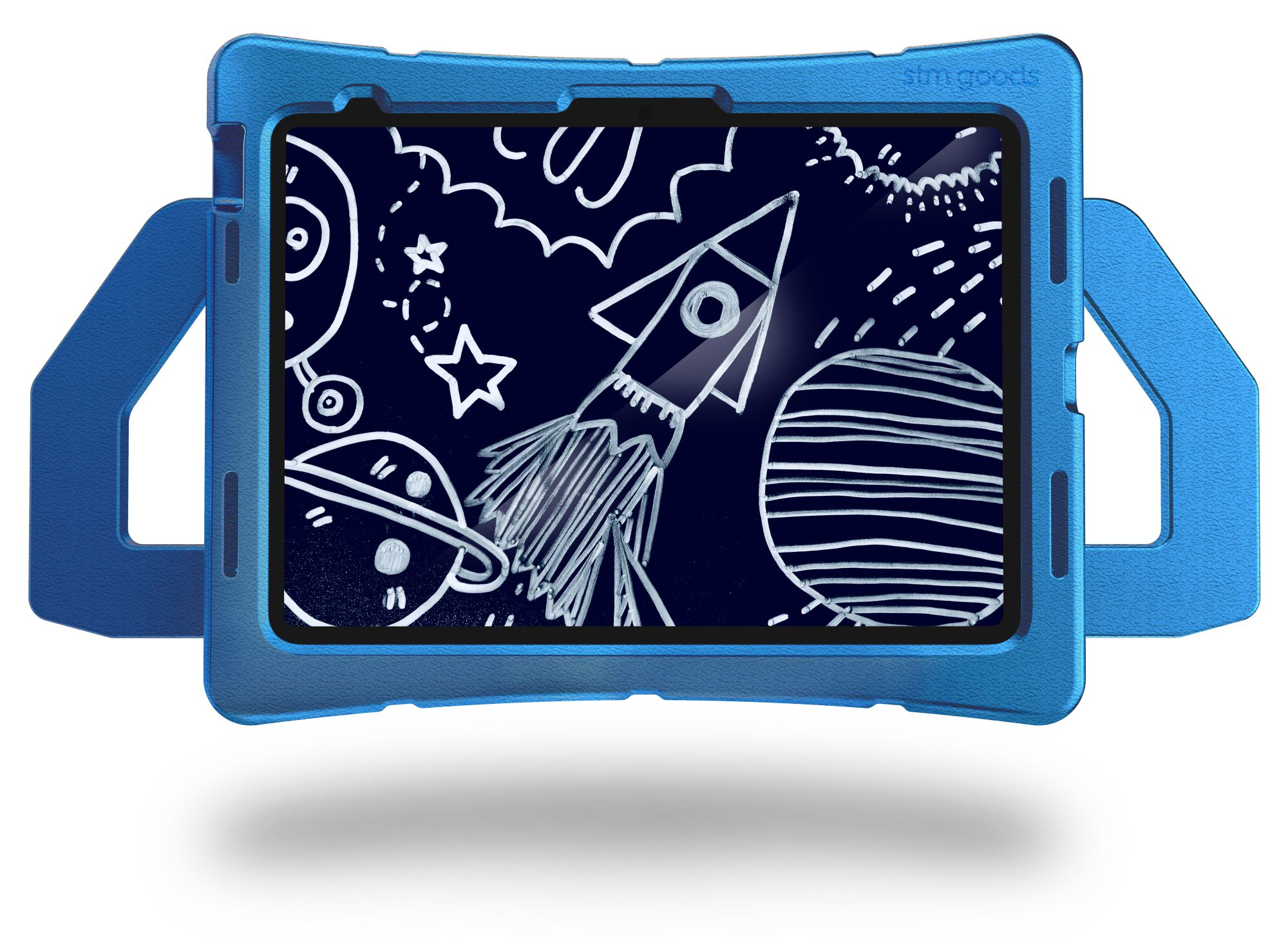 Eine blaue Tablethülle mit Raketendesign. Ein Tablettbildschirm mit Raketenzeichnung. Hat Griffe.